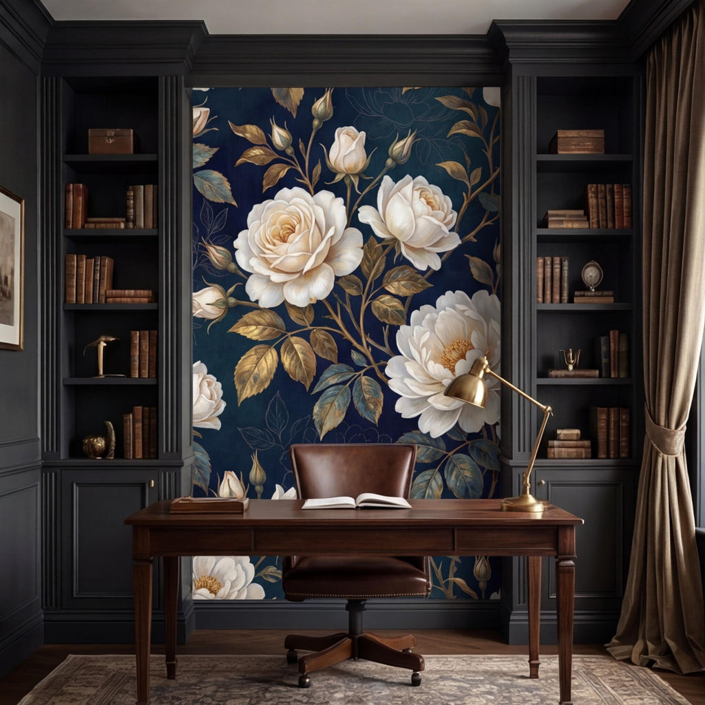 Navy Dark Floral Rose Wall Mural Peel and Stick, White Roses Gold Leaves Removable Wallpaper