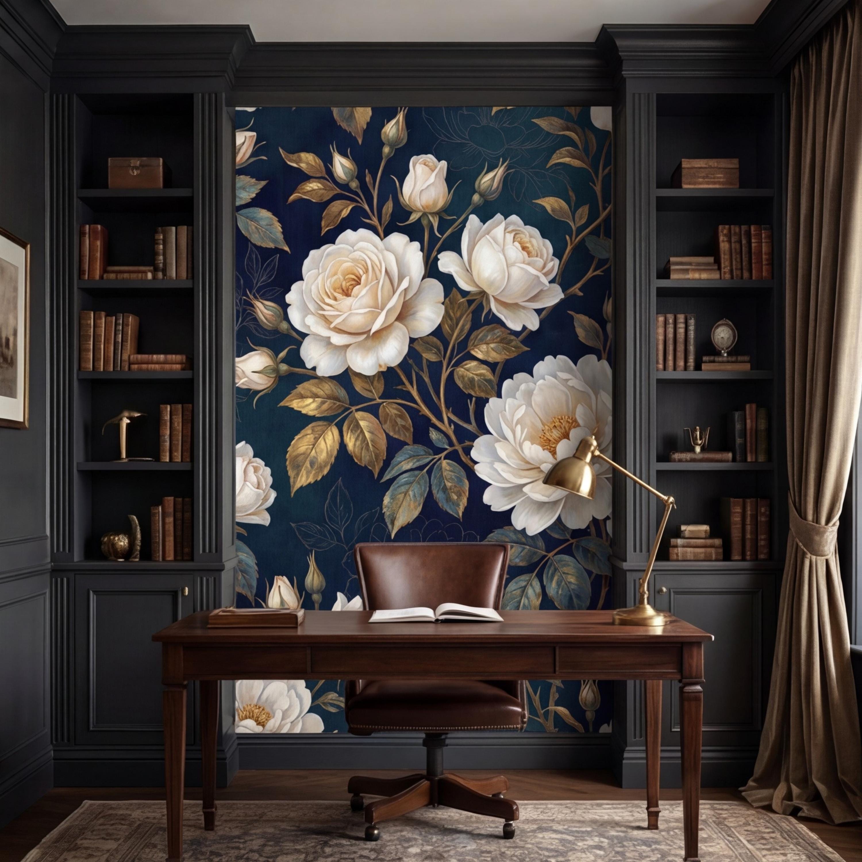 Navy Dark Floral Rose Wall Mural Peel and Stick, White Roses Gold Leaves Removable Wallpaper