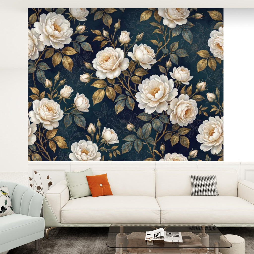 Navy Dark Floral Rose Wall Mural Peel and Stick, White Roses Gold Leaves Removable Wallpaper