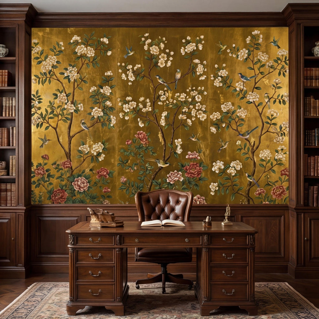 Gold Chinoiserie Birds & Peonies Peel and Stick Wall Mural, Asian Floral Removable Wallpaper Bedroom Living Room