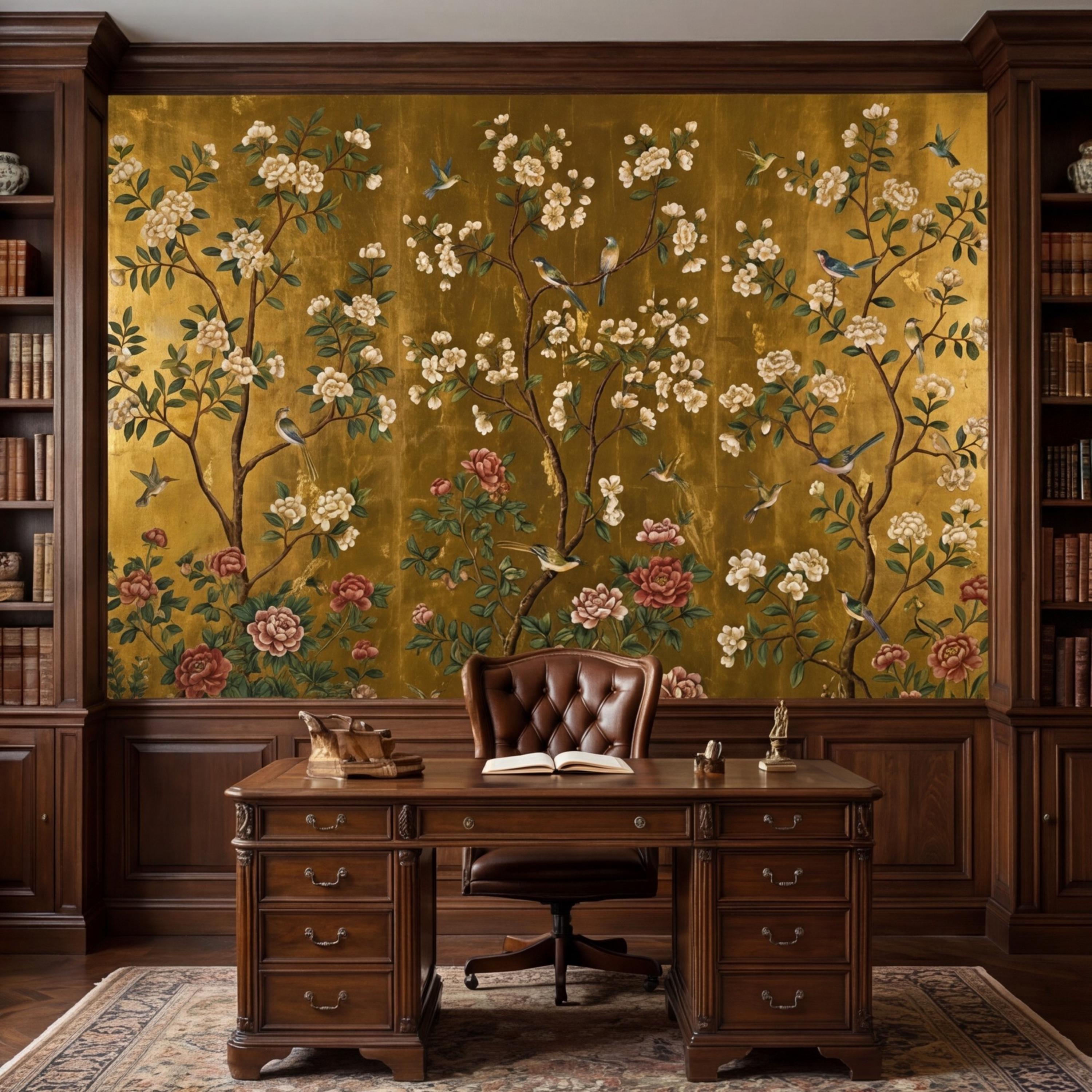 Gold Chinoiserie Birds & Peonies Peel and Stick Wall Mural, Asian Floral Removable Wallpaper Bedroom Living Room