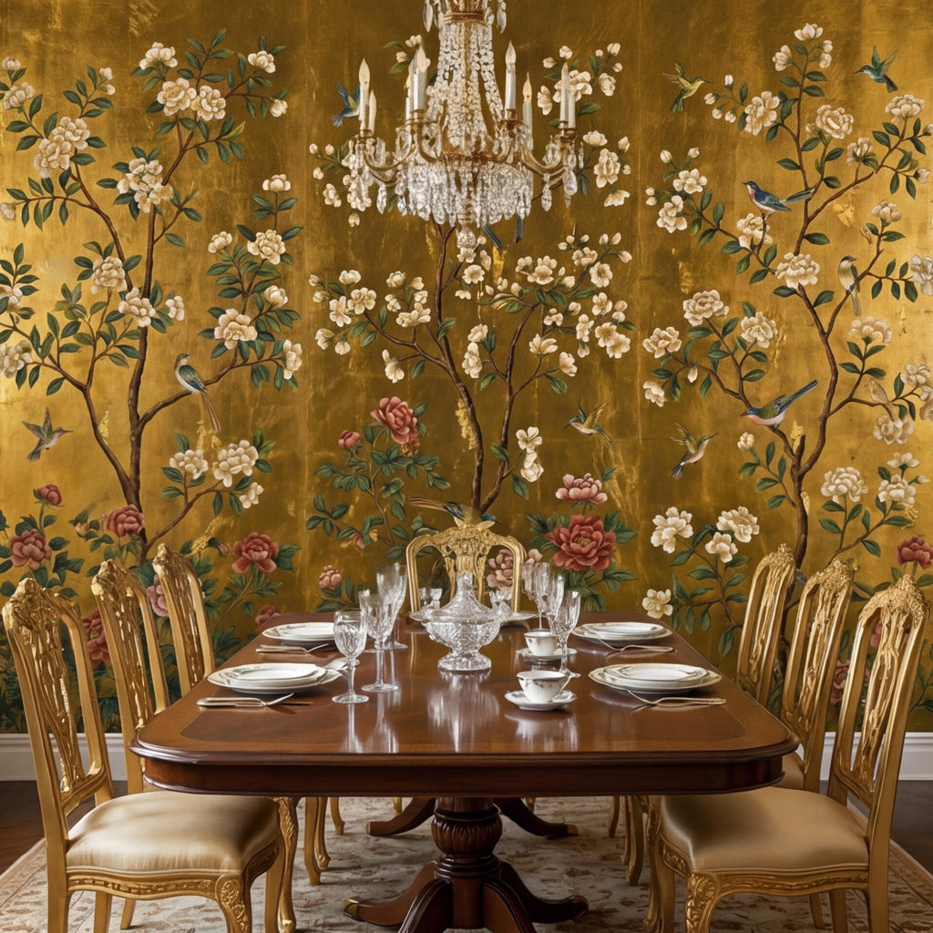 Gold Chinoiserie Birds & Peonies Peel and Stick Wall Mural, Asian Floral Removable Wallpaper Bedroom Living Room