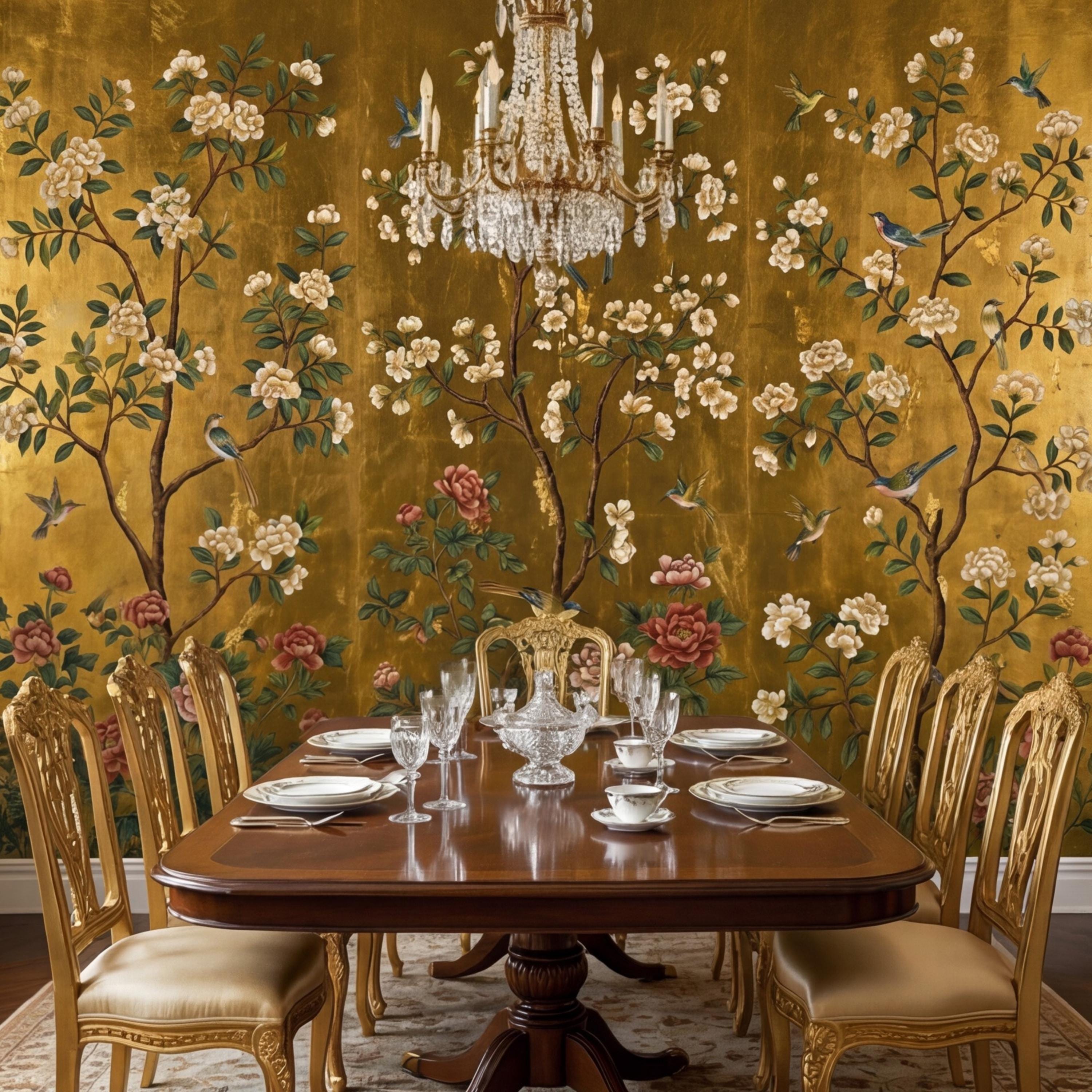 Gold Chinoiserie Birds & Peonies Peel and Stick Wall Mural, Asian Floral Removable Wallpaper Bedroom Living Room