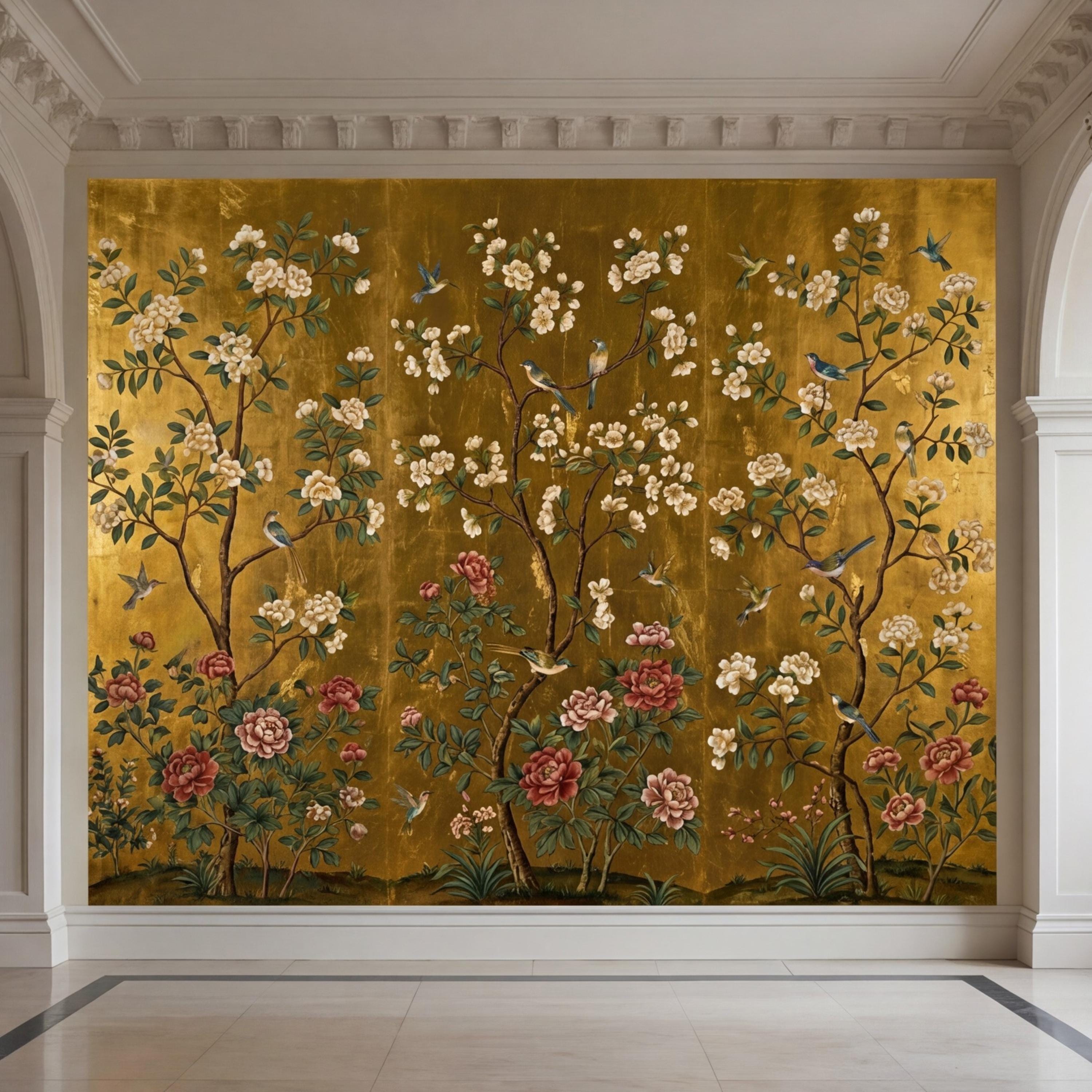 Gold Chinoiserie Birds & Peonies Peel and Stick Wall Mural, Asian Floral Removable Wallpaper Bedroom Living Room
