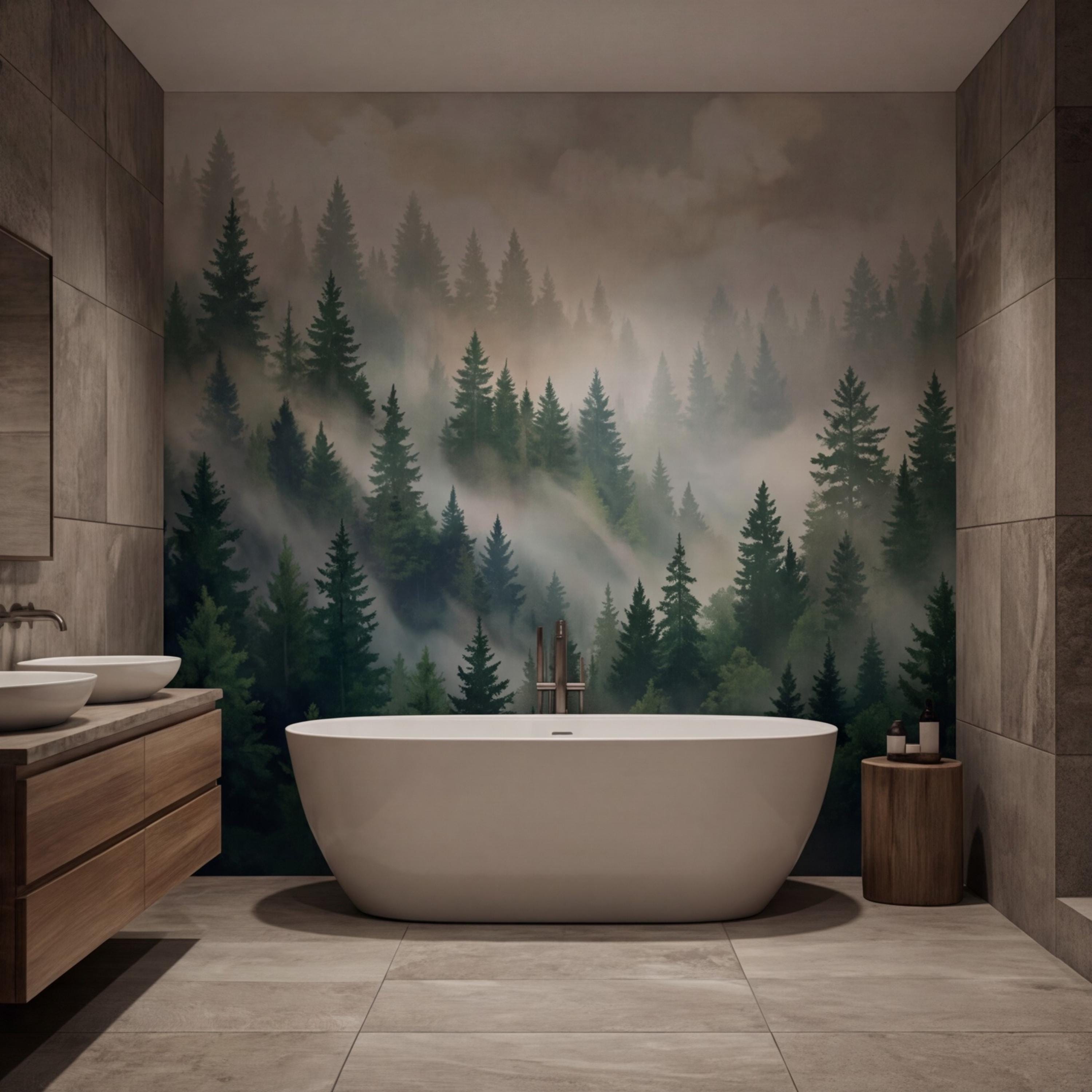 Misty Pine Forest Painting Peel and Stick Wall Mural, Green Mountain Trees Nature Removable Wallpaper Bedroom & Living Room
