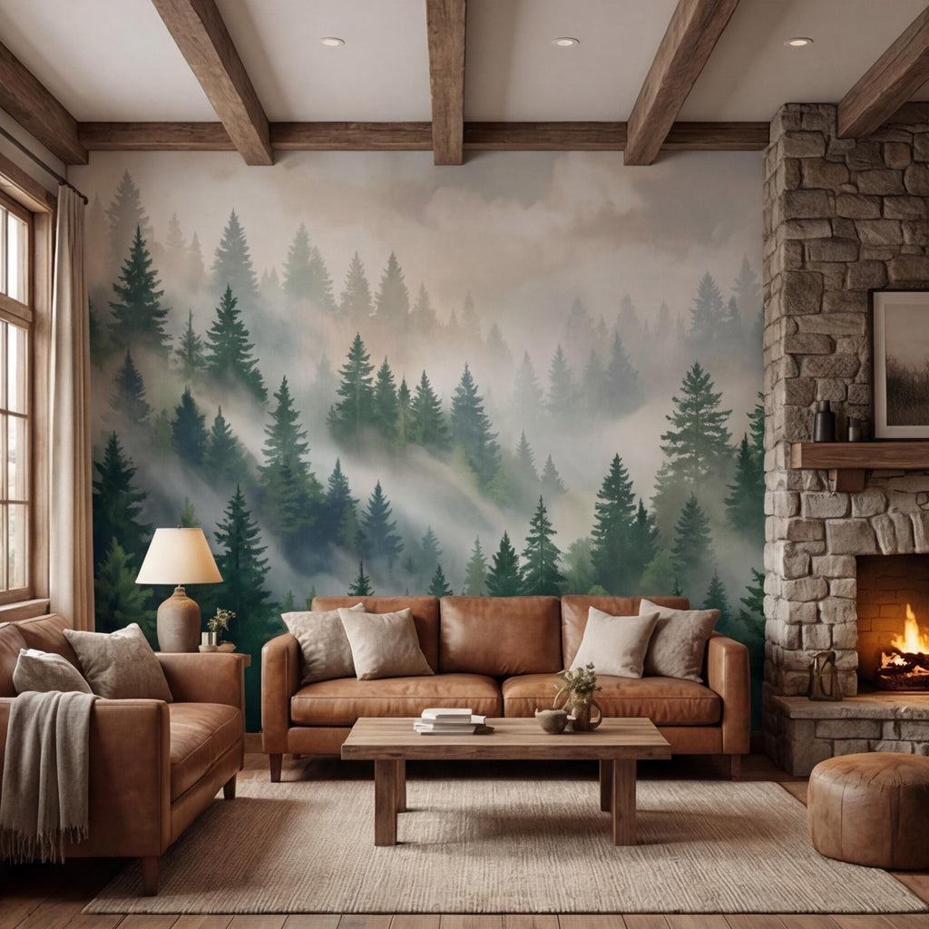 Misty Pine Forest Painting Peel and Stick Wall Mural, Green Mountain Trees Nature Removable Wallpaper Bedroom & Living Room