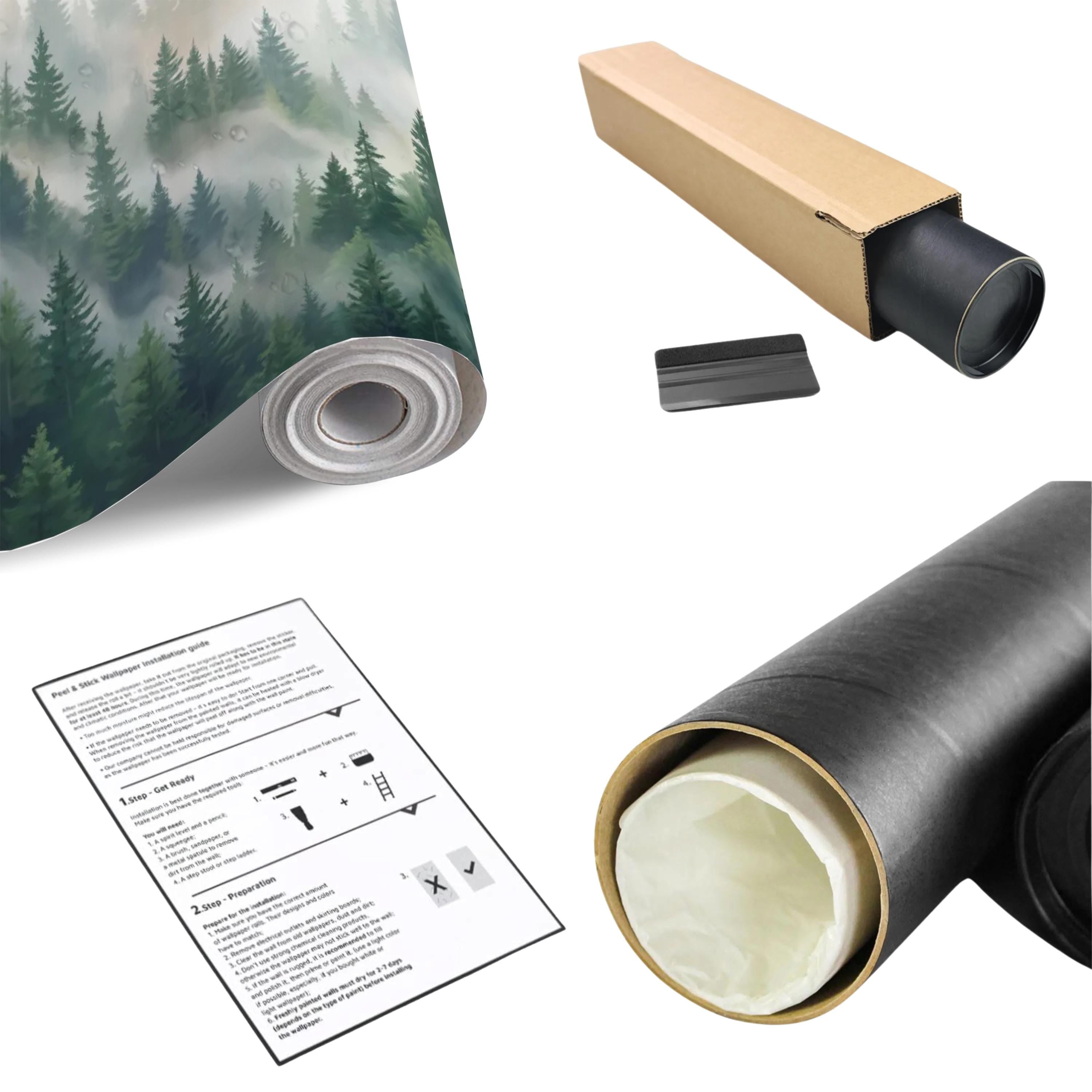 Misty Pine Forest Painting Peel and Stick Wall Mural, Green Mountain Trees Nature Removable Wallpaper Bedroom & Living Room