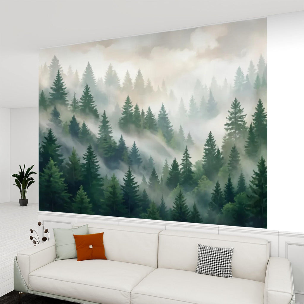 Misty Pine Forest Painting Peel and Stick Wall Mural, Green Mountain Trees Nature Removable Wallpaper Bedroom & Living Room