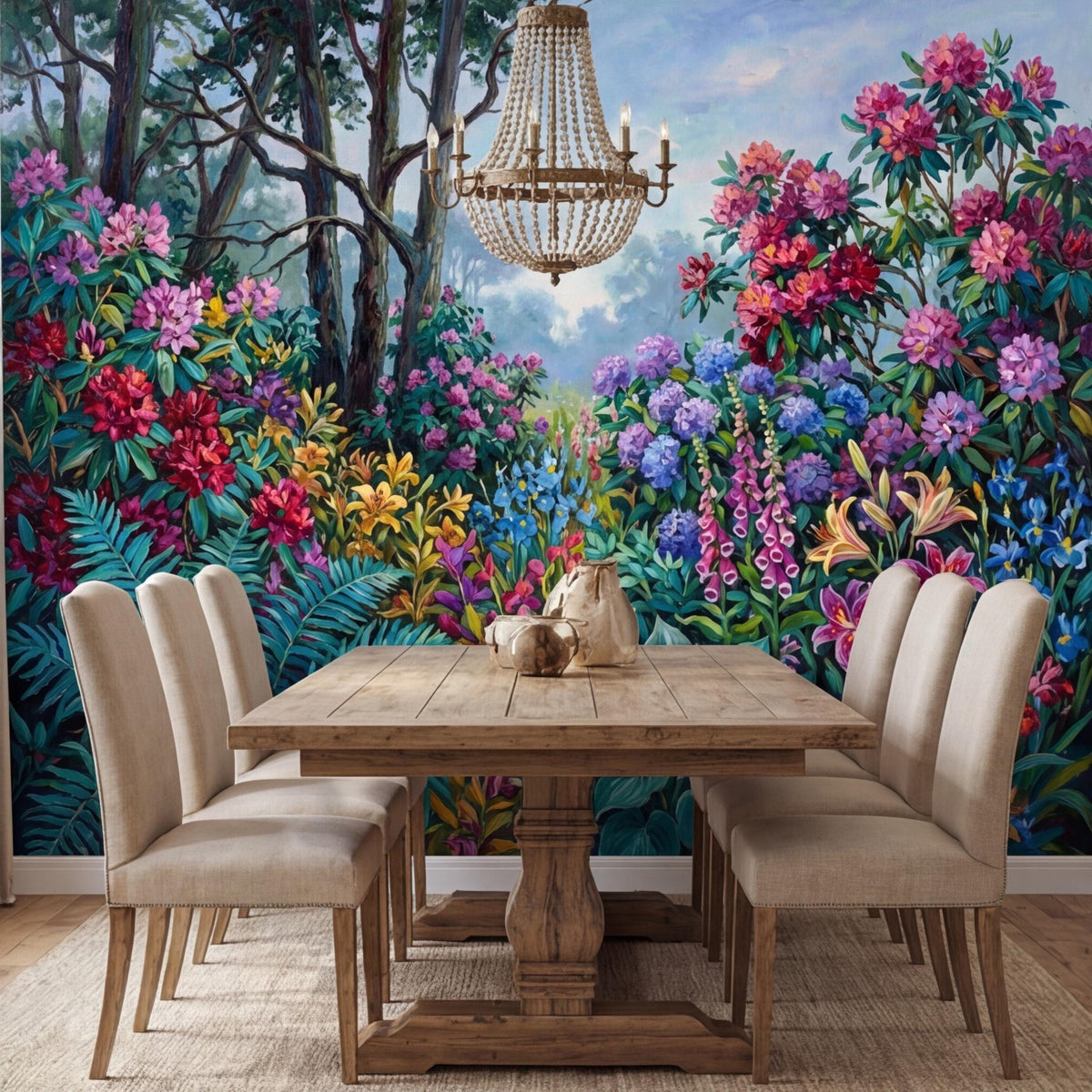 Botanical floral wall mural with blooming flowers and ferns, creating a colorful room backdrop.