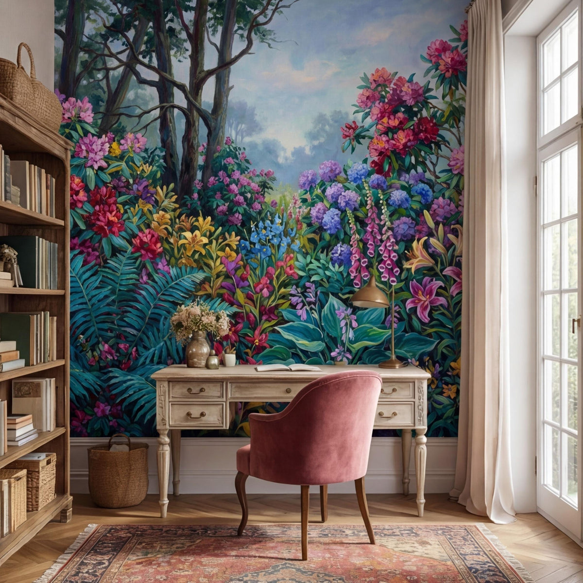 Botanical floral wall mural with multicolor wildflowers and leafy ferns along the wall.