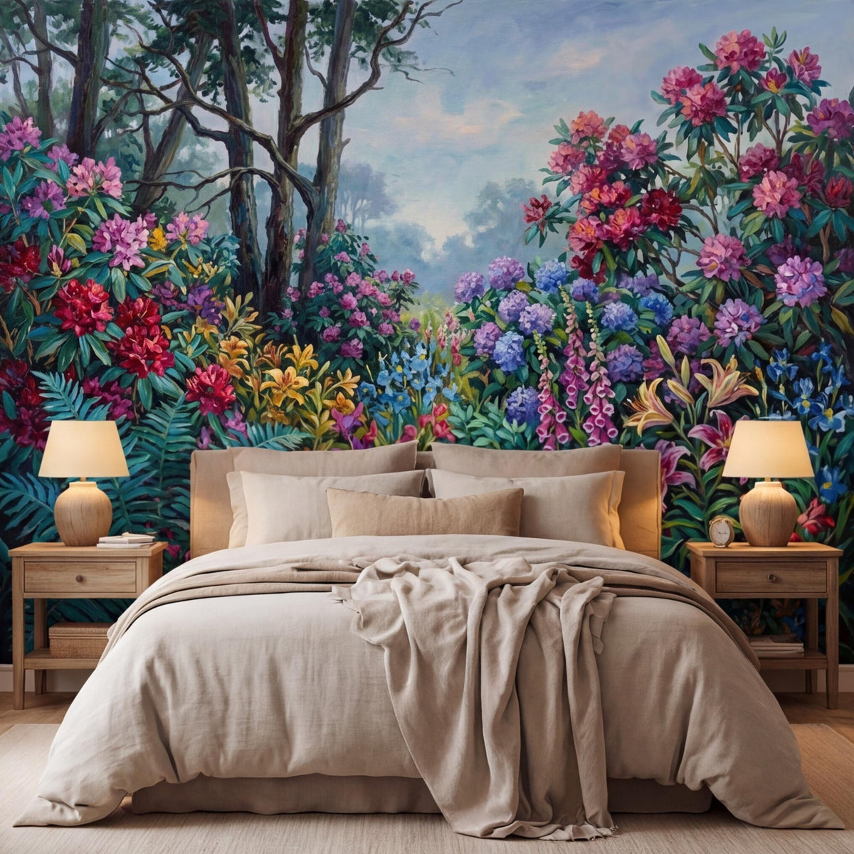 Botanical floral wall mural with dense wildflowers and fern foliage behind the bed.
