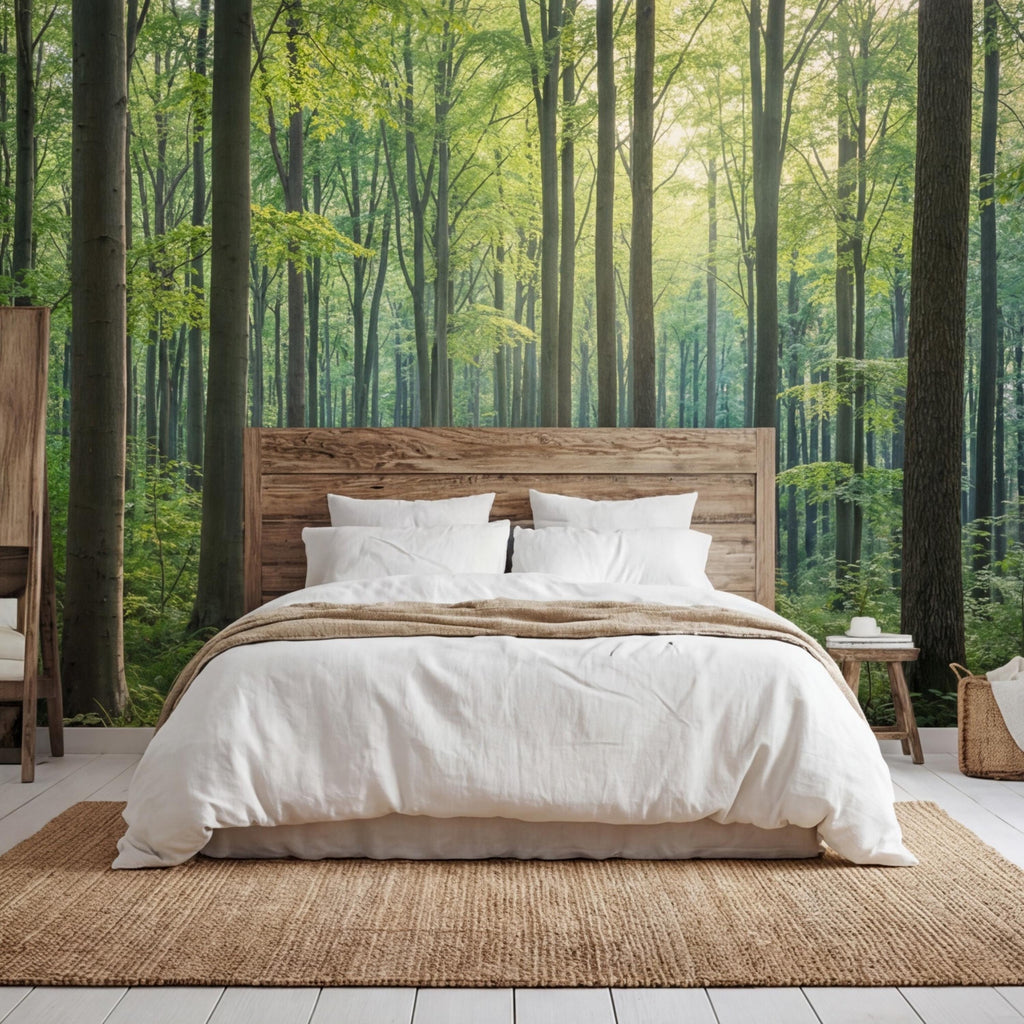 Sunlit Green Forest Peel and Stick Wall Mural, Woodland Trees Nature Wallpaper, Bedroom Living Room Accent Wall Decor