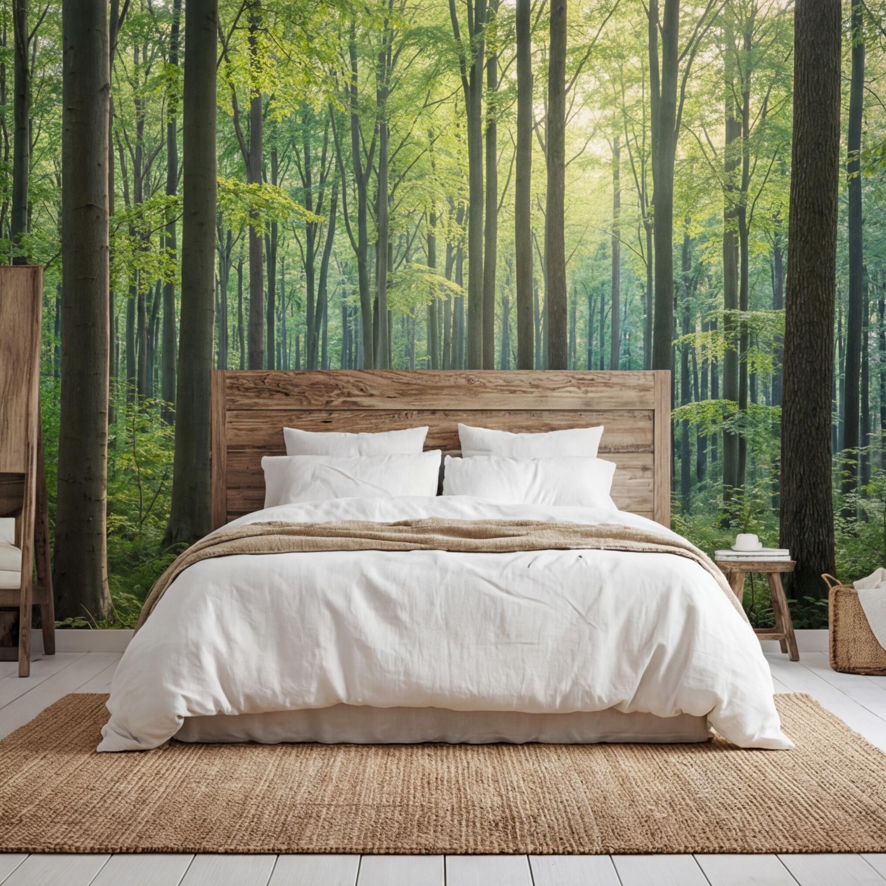 Sunlit Green Forest Peel and Stick Wall Mural, Woodland Trees Nature Wallpaper, Bedroom Living Room Accent Wall Decor