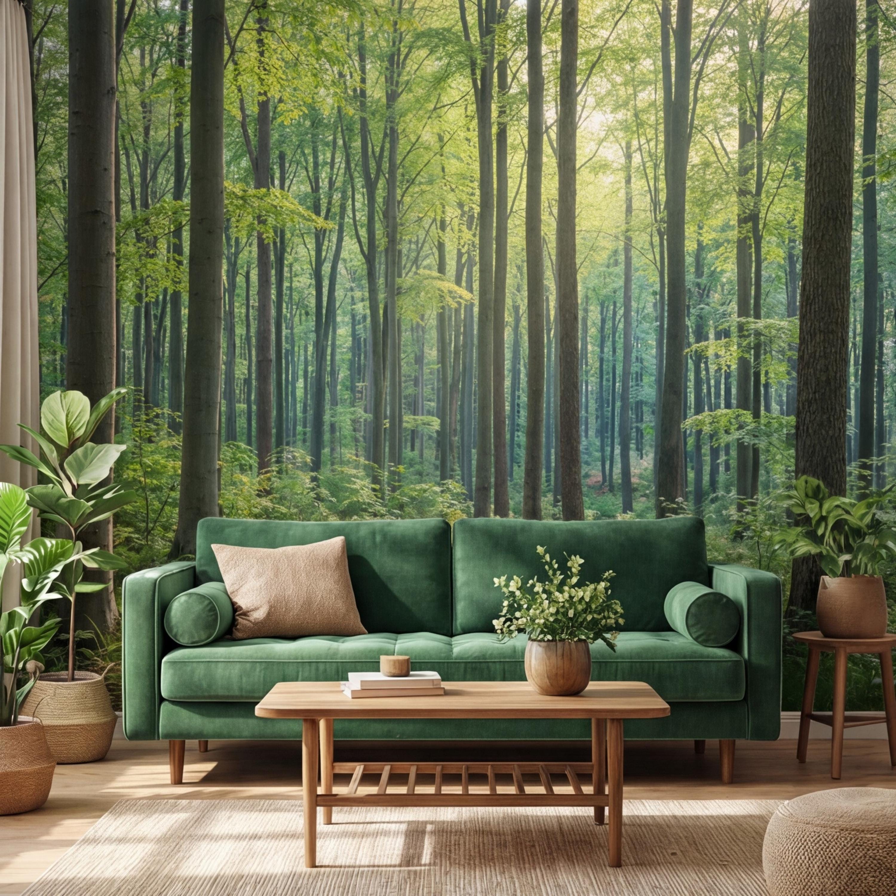 Sunlit Green Forest Peel and Stick Wall Mural, Woodland Trees Nature Wallpaper, Bedroom Living Room Accent Wall Decor