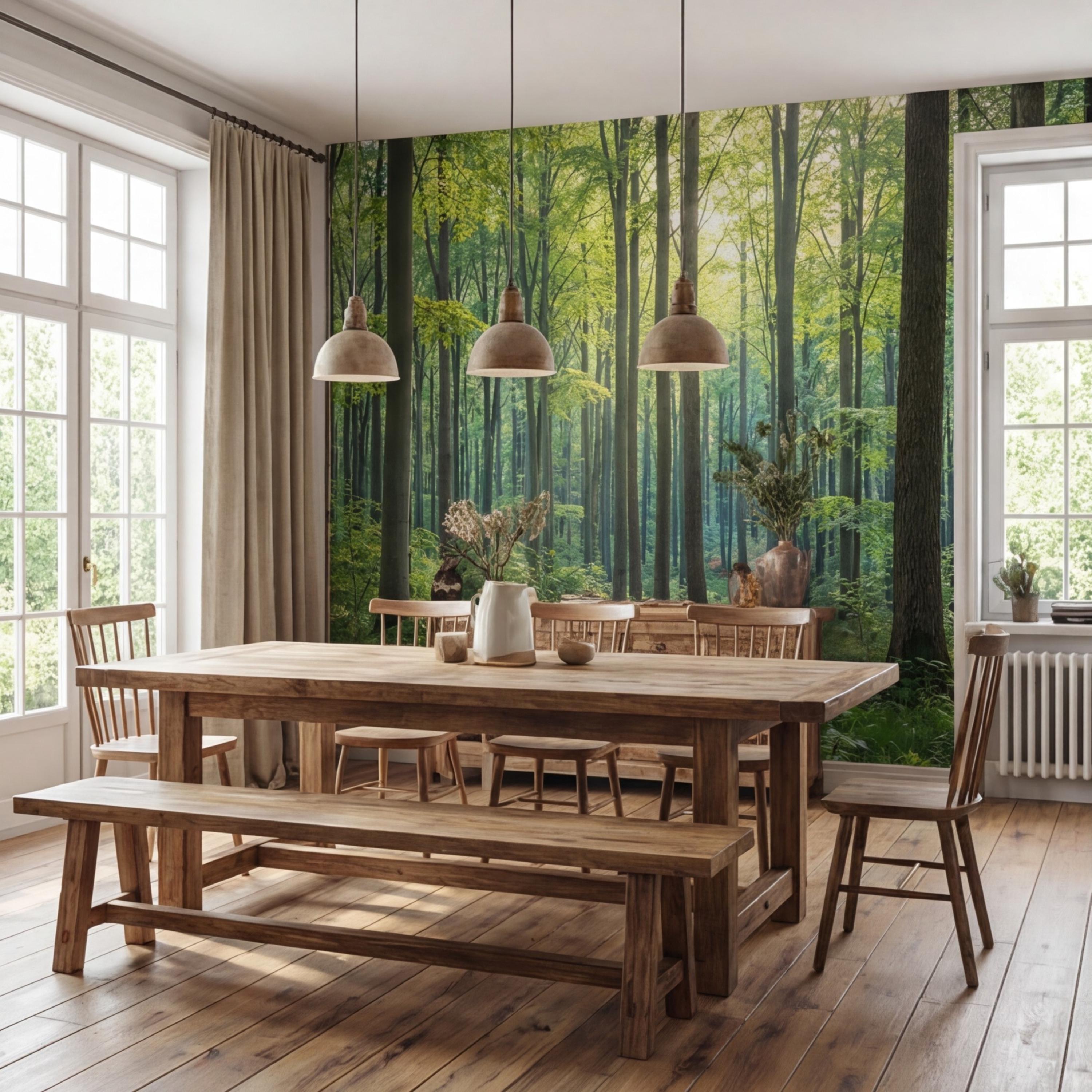 Sunlit Green Forest Peel and Stick Wall Mural, Woodland Trees Nature Wallpaper, Bedroom Living Room Accent Wall Decor