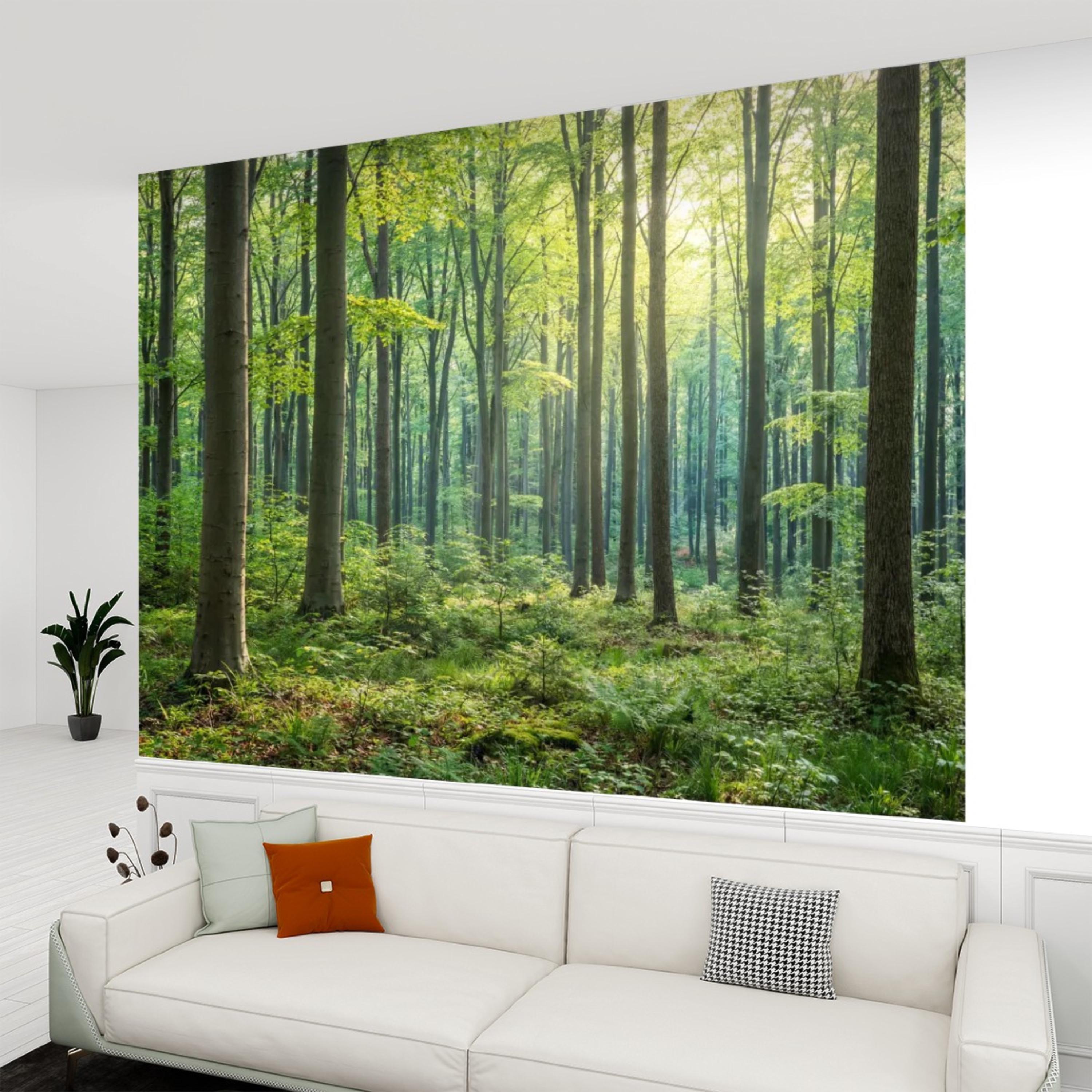Sunlit Green Forest Peel and Stick Wall Mural, Woodland Trees Nature Wallpaper, Bedroom Living Room Accent Wall Decor