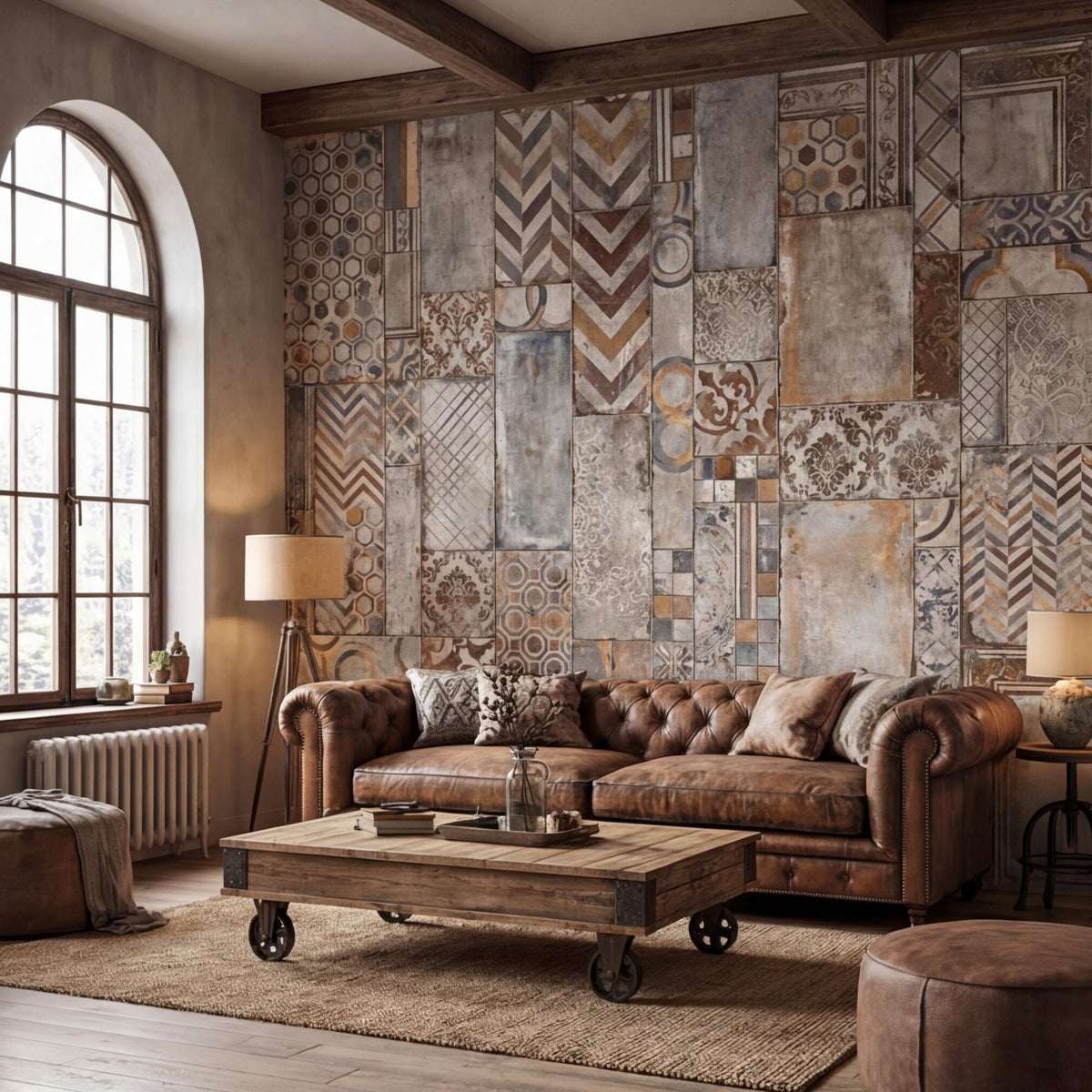 Vintage Tile Patchwork Peel and Stick Wall Mural, Rustic Neutral Cement Look Wallpaper, Boho Tile Wall Art Decor - The Fine Art Murals