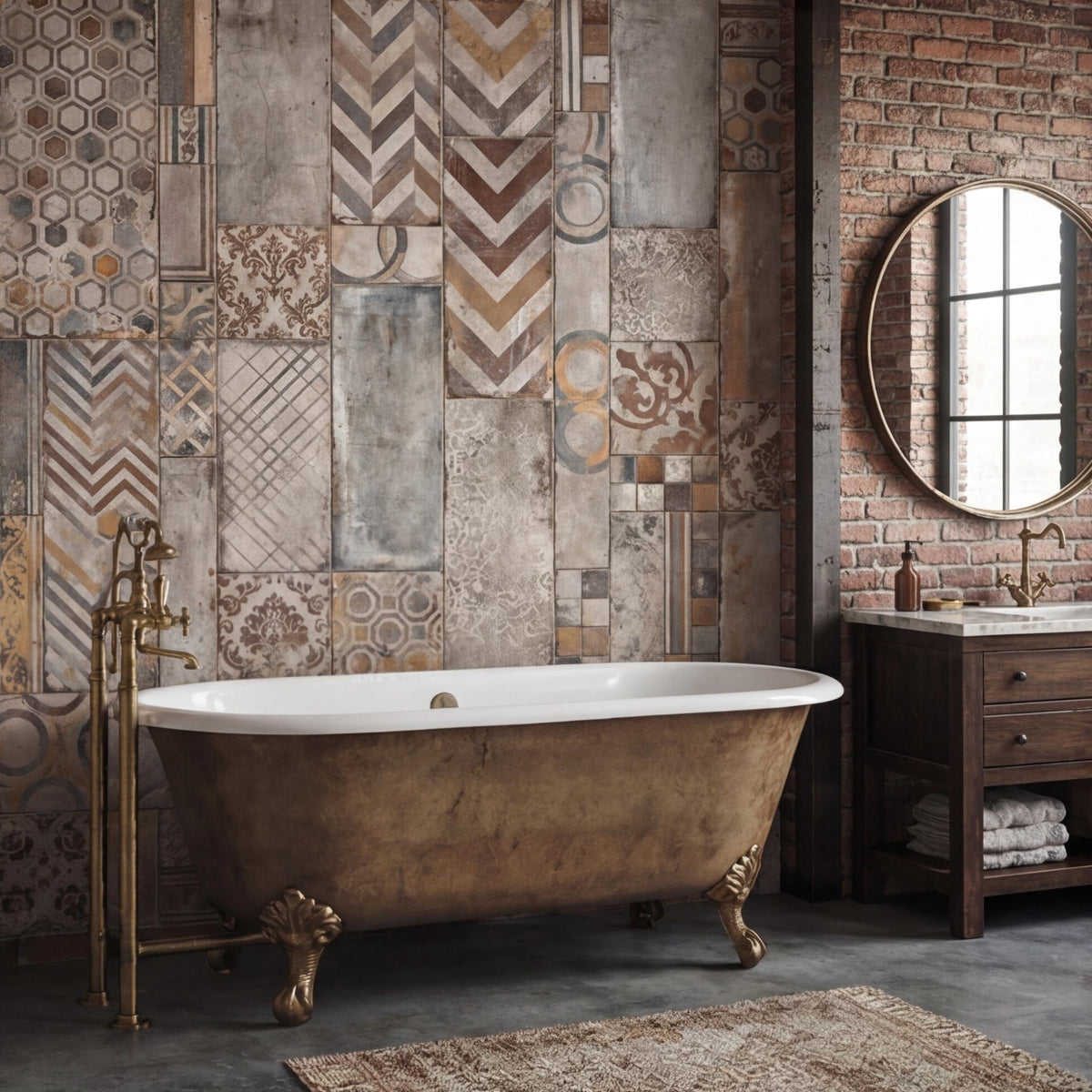 Vintage Tile Patchwork Peel and Stick Wall Mural, Rustic Neutral Cement Look Wallpaper, Boho Tile Wall Art Decor - The Fine Art Murals