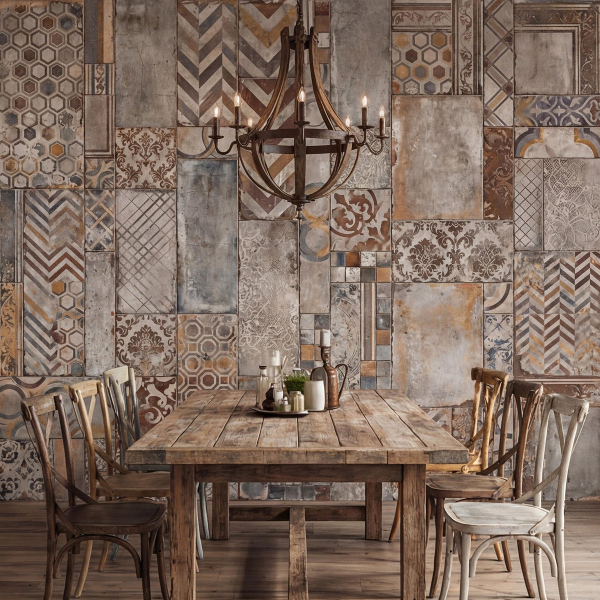 Vintage Tile Patchwork Peel and Stick Wall Mural, Rustic Neutral Cement Look Wallpaper, Boho Tile Wall Art Decor - The Fine Art Murals