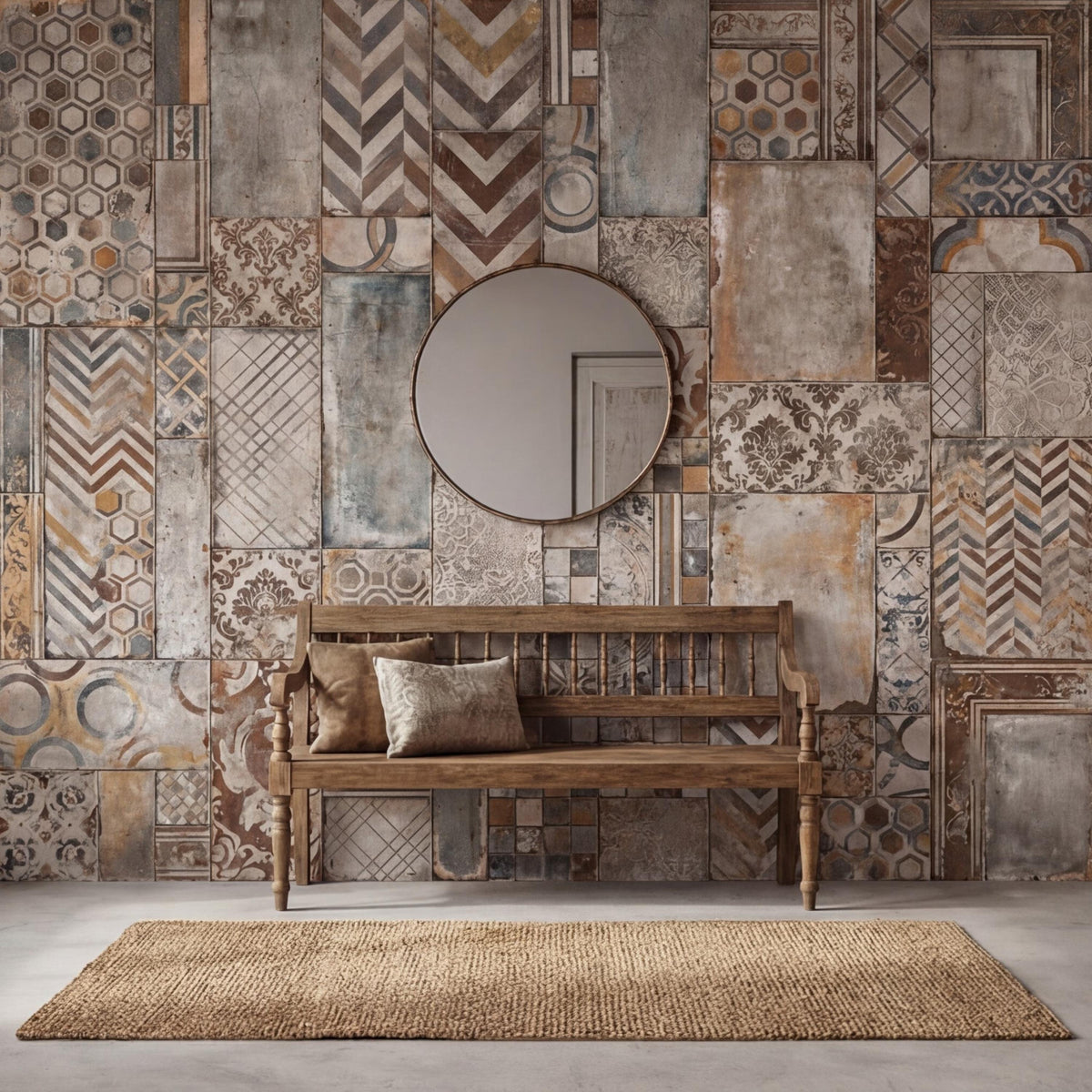 Vintage Tile Patchwork Peel and Stick Wall Mural, Rustic Neutral Cement Look Wallpaper, Boho Tile Wall Art Decor - The Fine Art Murals