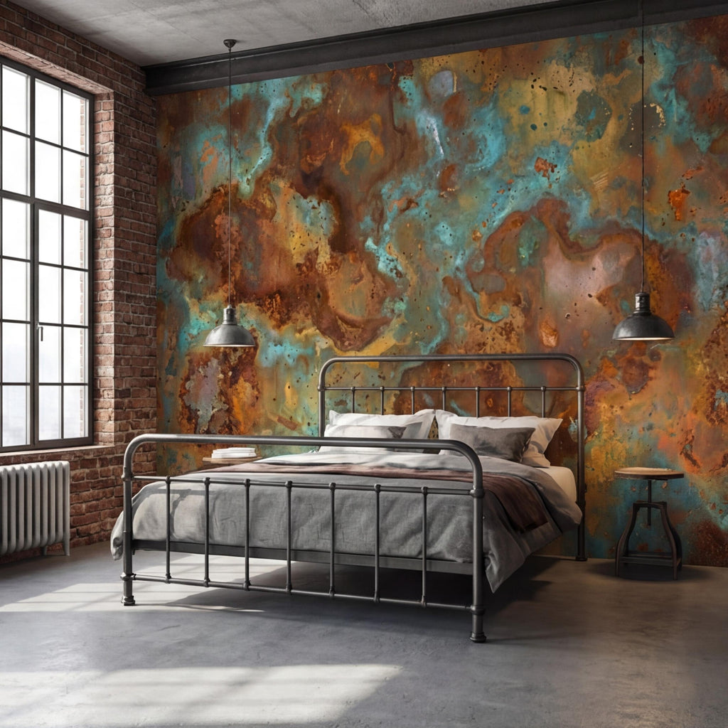 Turquoise Rust Copper Patina Peel and Stick Wall Mural, Abstract Oxidized Metal Texture Industrial Wallpaper