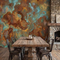 Turquoise Rust Copper Patina Peel and Stick Wall Mural, Abstract Oxidized Metal Texture Industrial Wallpaper