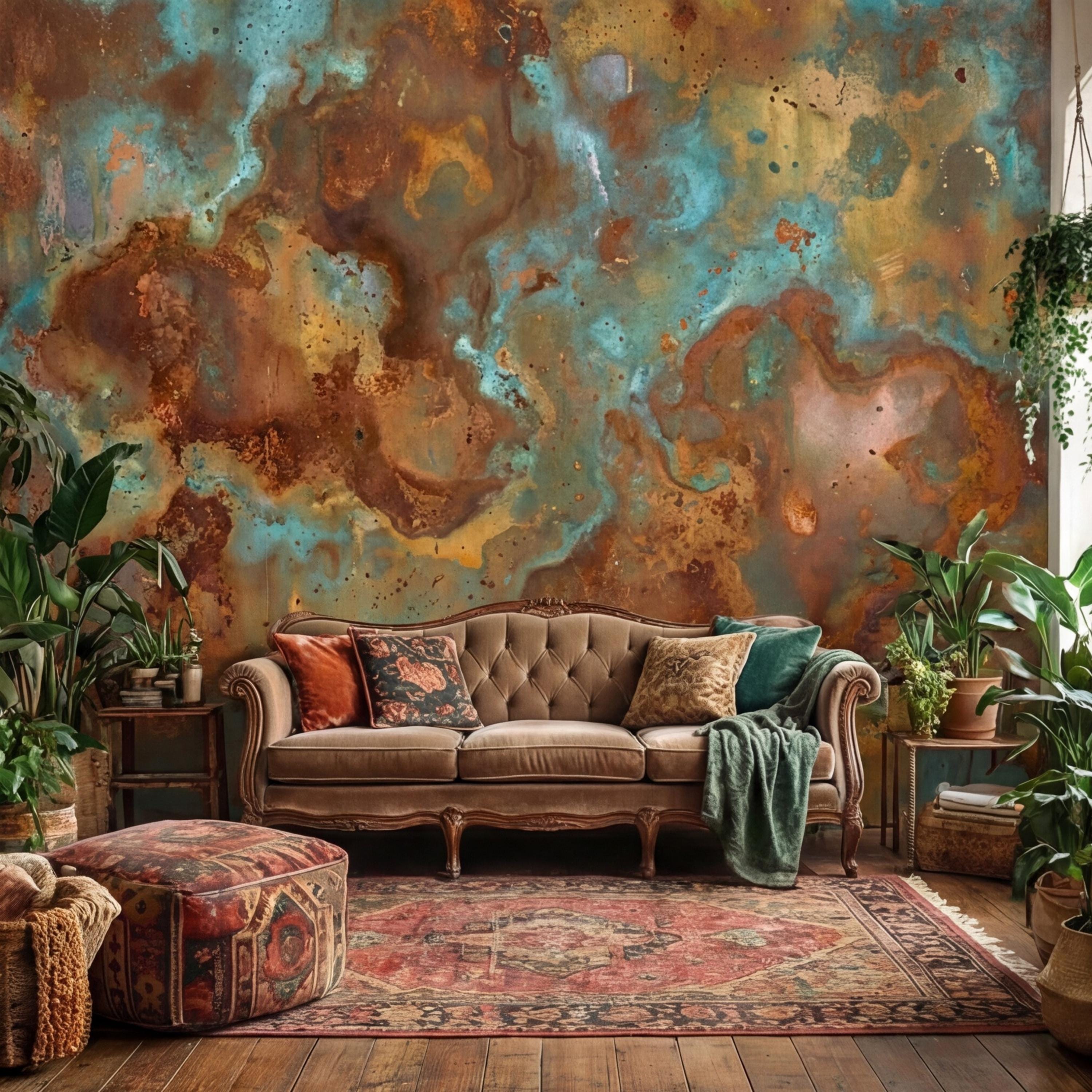 Turquoise Rust Copper Patina Peel and Stick Wall Mural, Abstract Oxidized Metal Texture Industrial Wallpaper