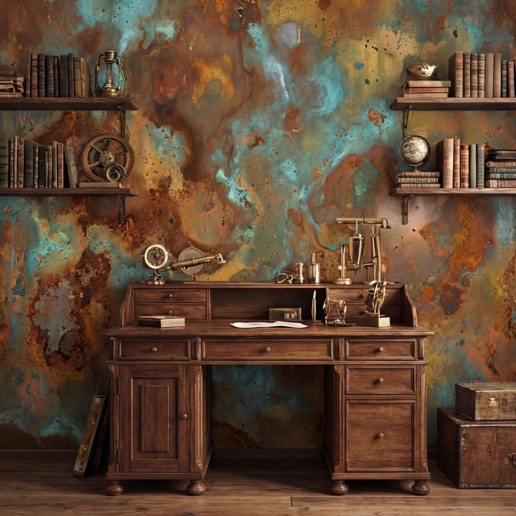 Turquoise Rust Copper Patina Peel and Stick Wall Mural, Abstract Oxidized Metal Texture Industrial Wallpaper