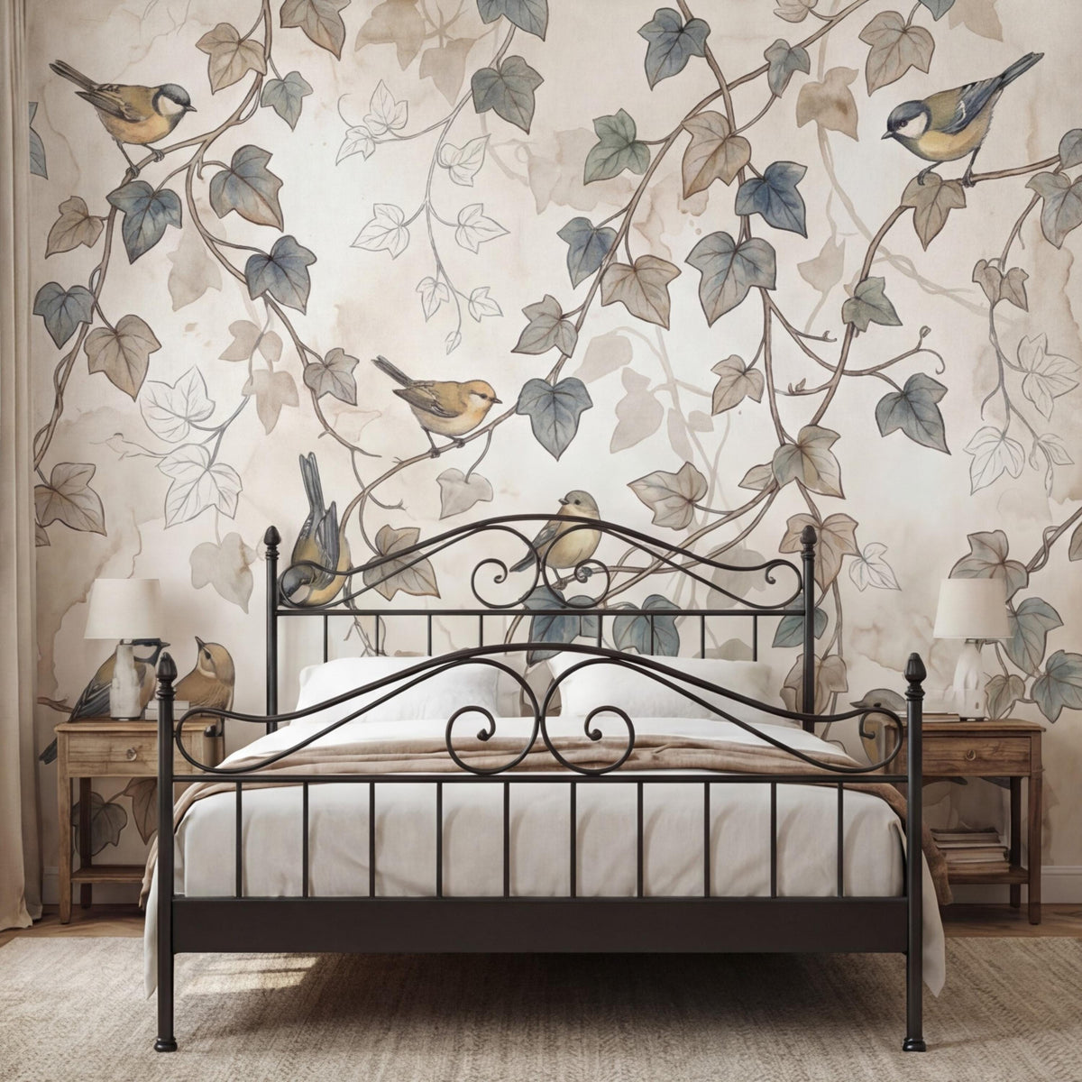 Botanical wall mural featuring small birds perched on vine branches over light neutral field