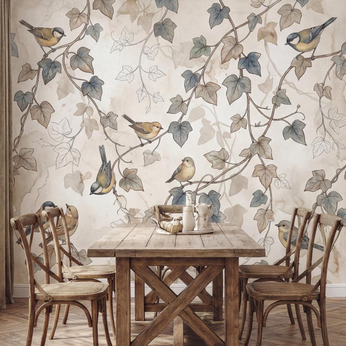 Botanical wall mural with birds and ivy leaves along branching vines in muted colors