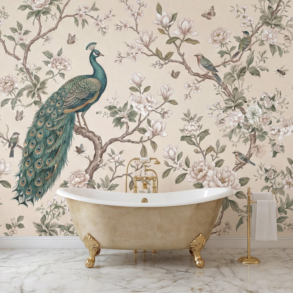 Chinoiserie Peacock & Cream Peony Magnolia Branches Peel and Stick Wall Mural, Vintage Botanical Birds Neutral Beige Wallpaper