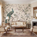Chinoiserie Peacock & Cream Peony Magnolia Branches Peel and Stick Wall Mural, Vintage Botanical Birds Neutral Beige Wallpaper