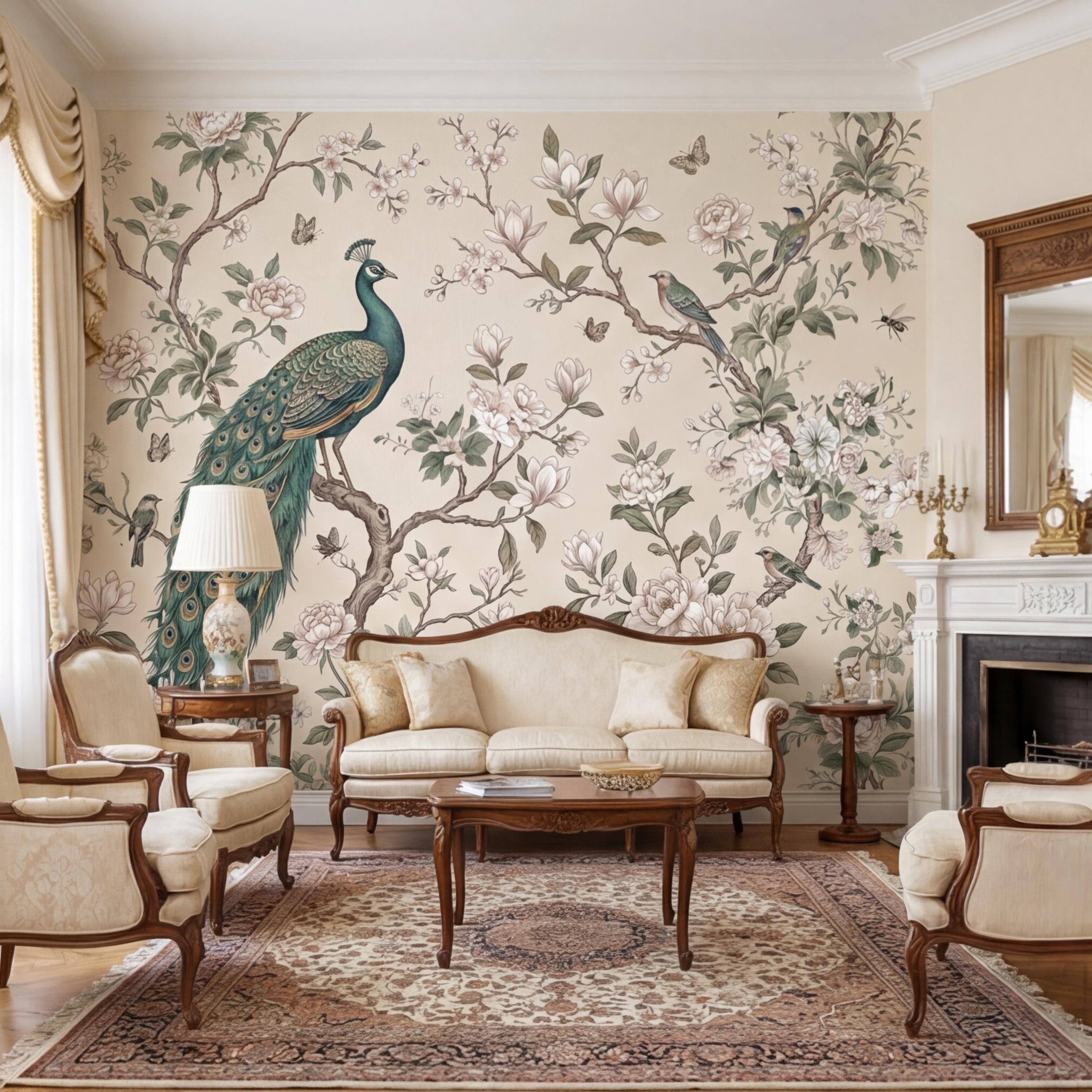Chinoiserie Peacock & Cream Peony Magnolia Branches Peel and Stick Wall Mural, Vintage Botanical Birds Neutral Beige Wallpaper