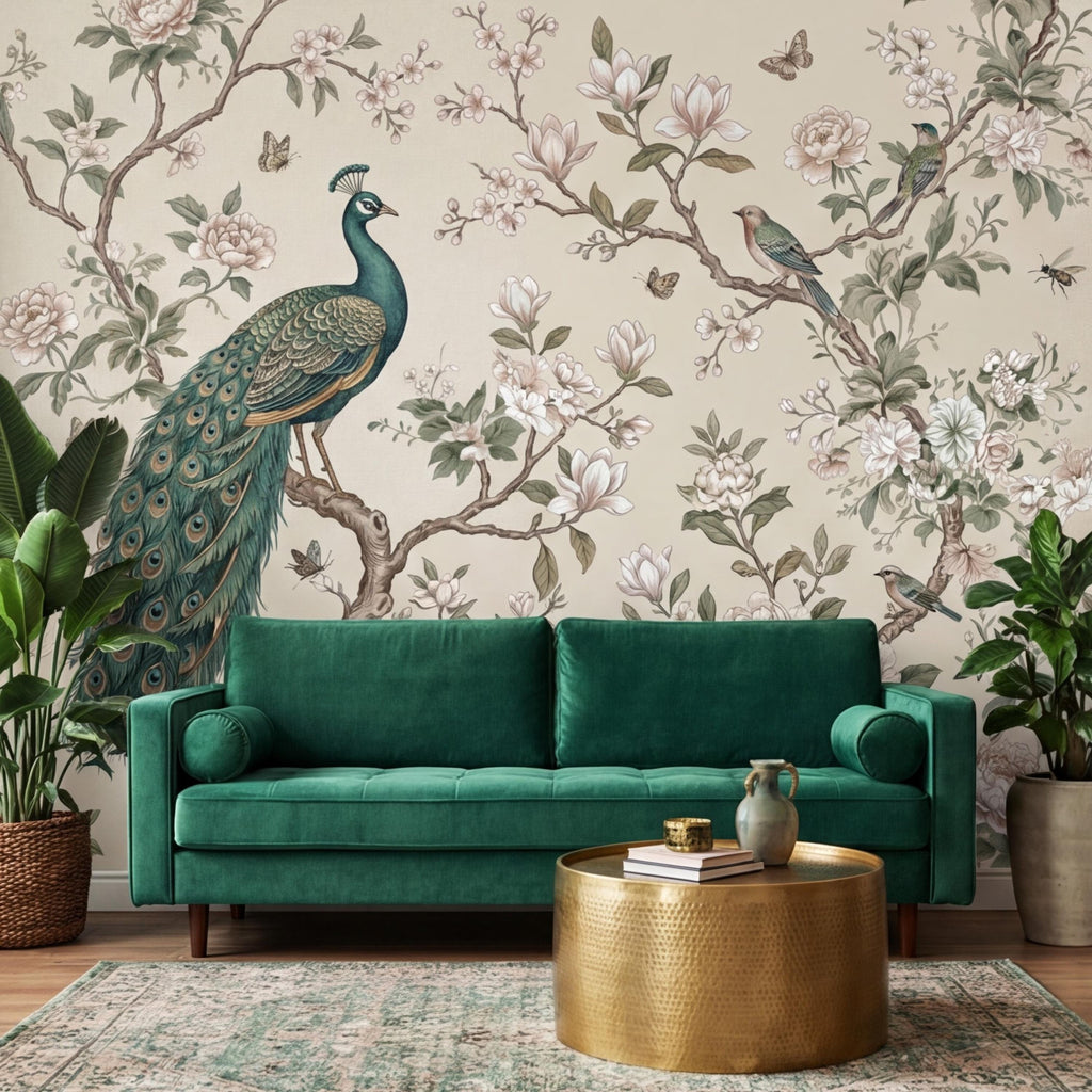 Chinoiserie Peacock & Cream Peony Magnolia Branches Peel and Stick Wall Mural, Vintage Botanical Birds Neutral Beige Wallpaper