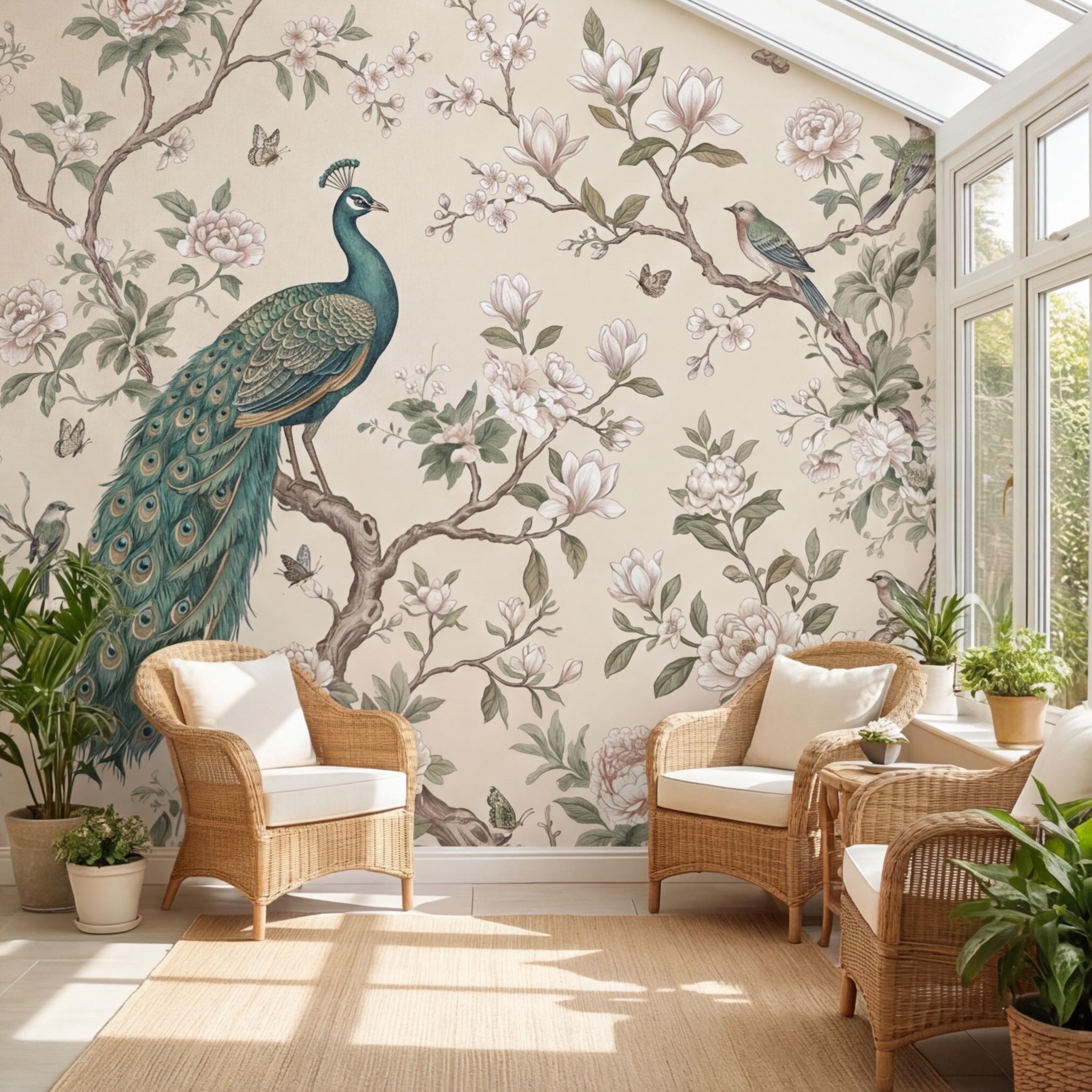 Chinoiserie Peacock & Cream Peony Magnolia Branches Peel and Stick Wall Mural, Vintage Botanical Birds Neutral Beige Wallpaper