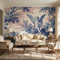 Blue Toile de Jouy Cherub Angel Lyre Peel and Stick Wall Mural, Pink Sky French Country Floral Classical Landscape Wallpaper
