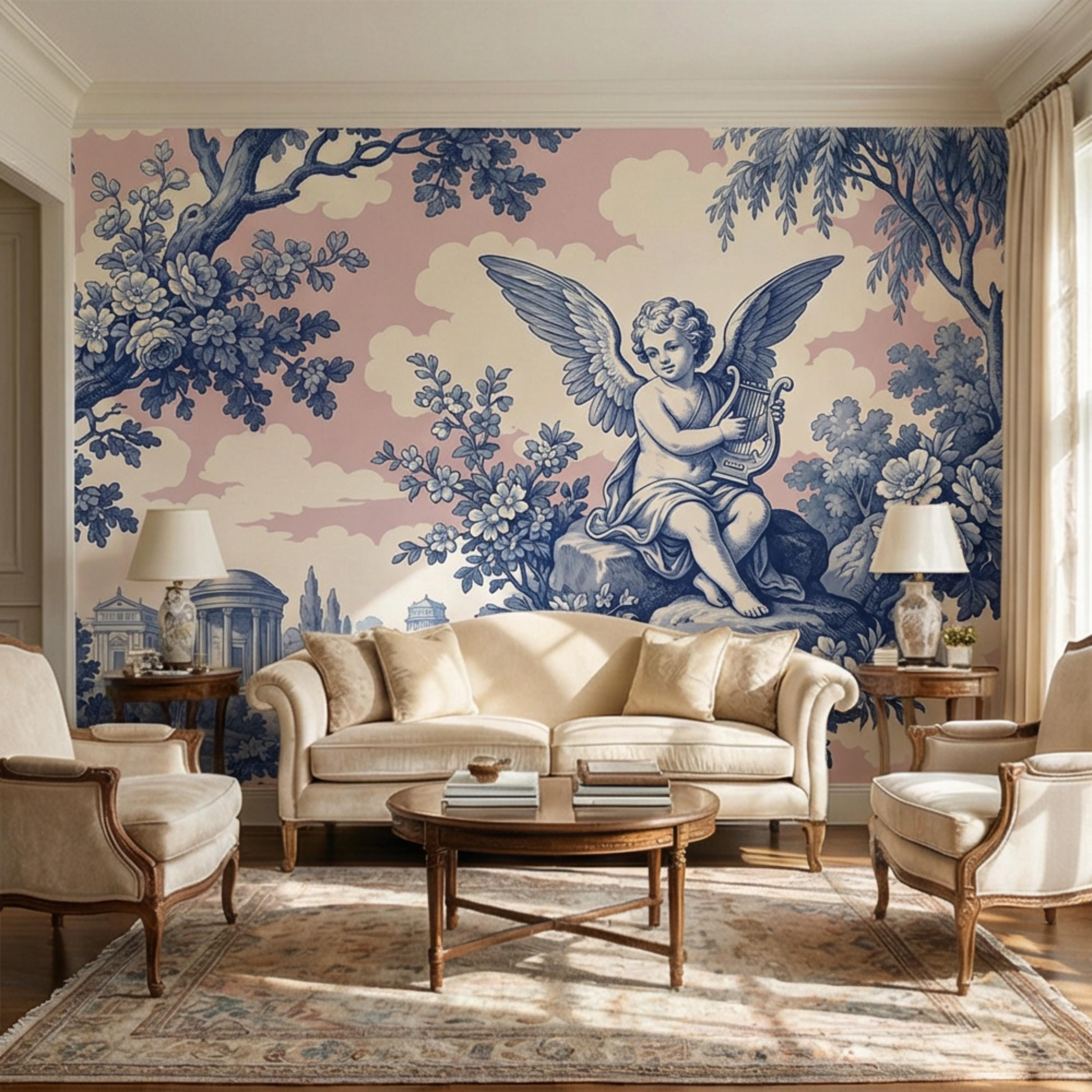 Blue Toile de Jouy Cherub Angel Lyre Peel and Stick Wall Mural, Pink Sky French Country Floral Classical Landscape Wallpaper