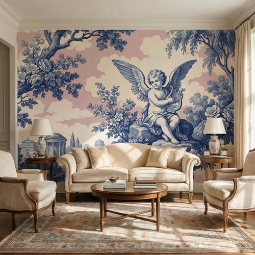 Blue and pink floral wall mural with cherub angel playing lyre over trees and clouds
