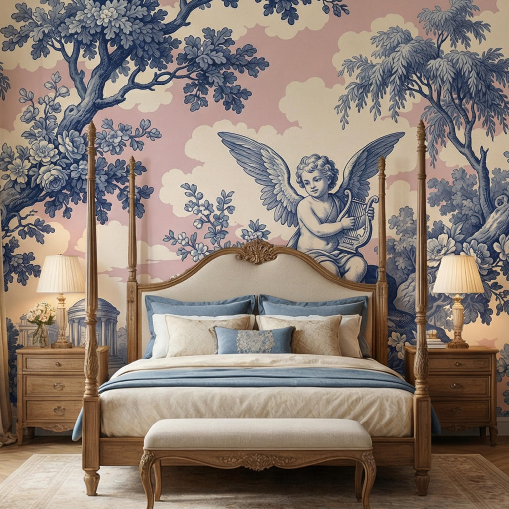 Blue Toile de Jouy Cherub Angel Lyre Peel and Stick Wall Mural, Pink Sky French Country Floral Classical Landscape Wallpaper