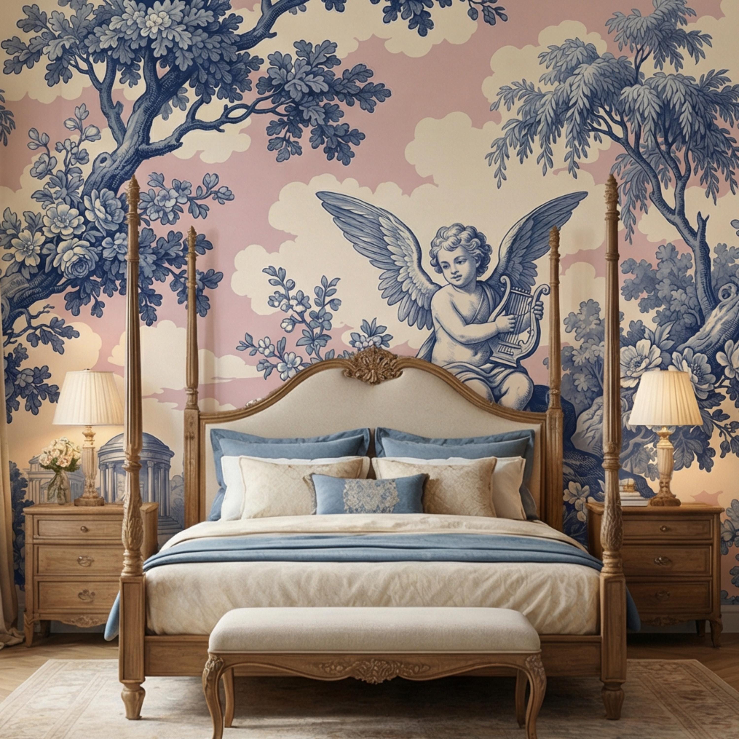 Blue Toile de Jouy Cherub Angel Lyre Peel and Stick Wall Mural, Pink Sky French Country Floral Classical Landscape Wallpaper