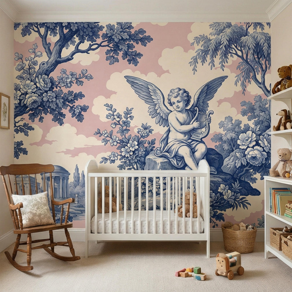Blue Toile de Jouy Cherub Angel Lyre Peel and Stick Wall Mural, Pink Sky French Country Floral Classical Landscape Wallpaper