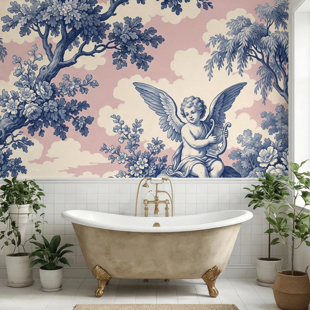 Blue Toile de Jouy Cherub Angel Lyre Peel and Stick Wall Mural, Pink Sky French Country Floral Classical Landscape Wallpaper