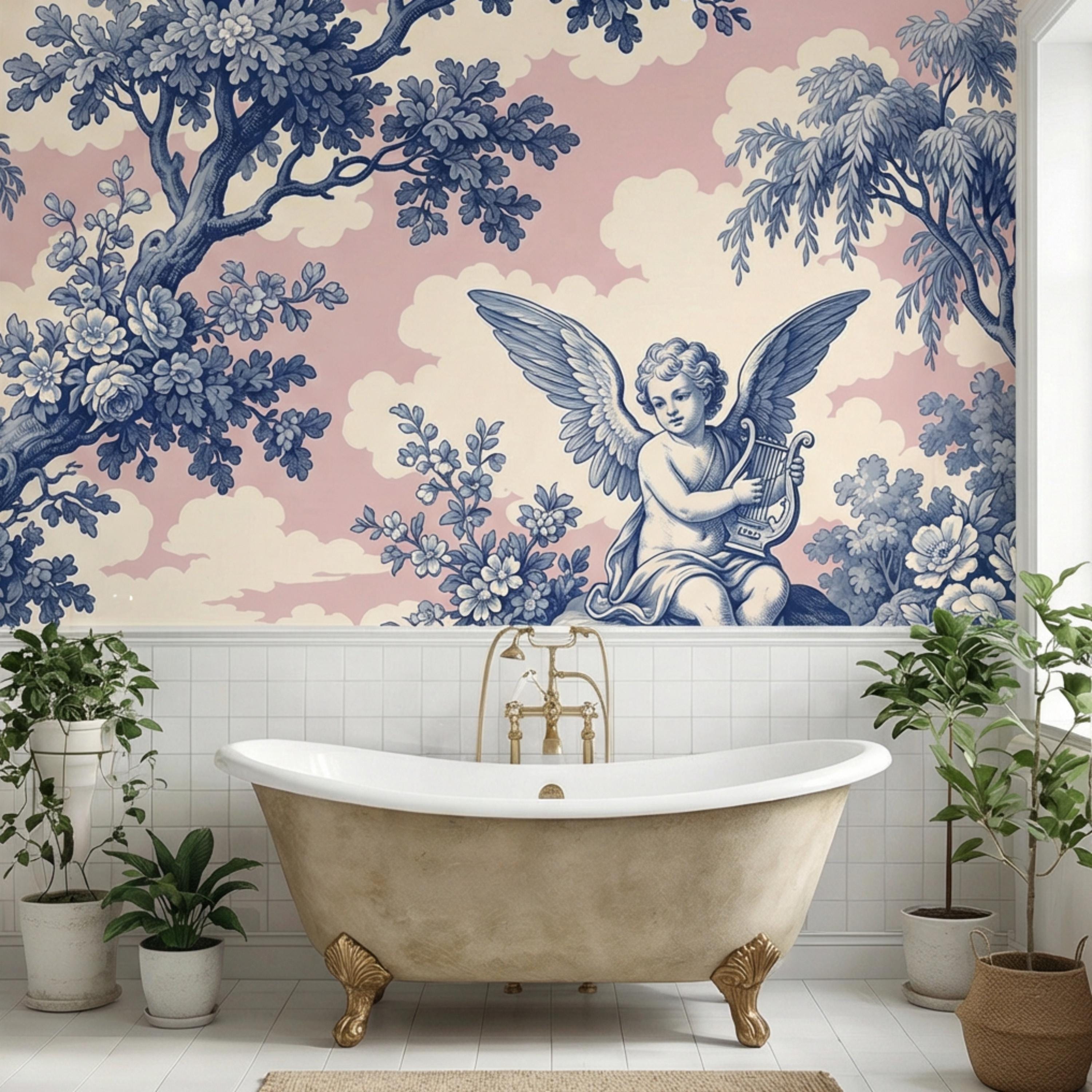 Blue Toile de Jouy Cherub Angel Lyre Peel and Stick Wall Mural, Pink Sky French Country Floral Classical Landscape Wallpaper