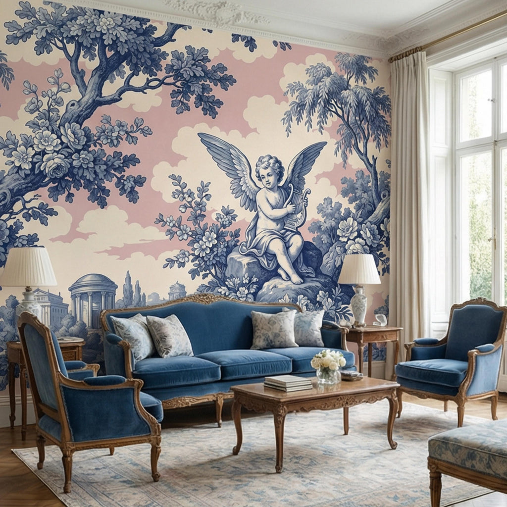 Blue Toile de Jouy Cherub Angel Lyre Peel and Stick Wall Mural, Pink Sky French Country Floral Classical Landscape Wallpaper
