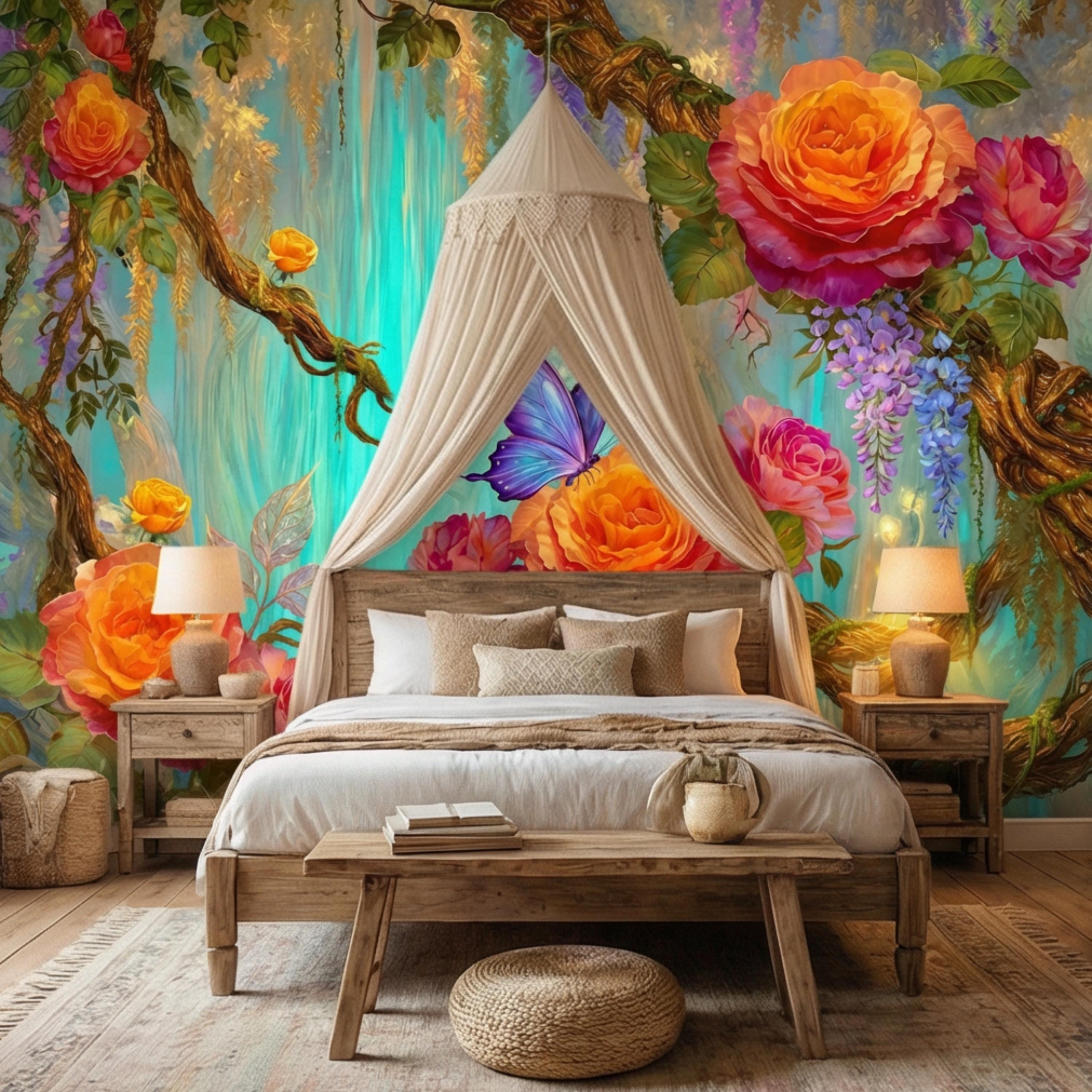 Enchanted Forest Garden Roses & Wisteria Peel and Stick Wall Mural, Teal Glow Floral Wallpaper, Blue Butterfly Botanical Wall Decor
