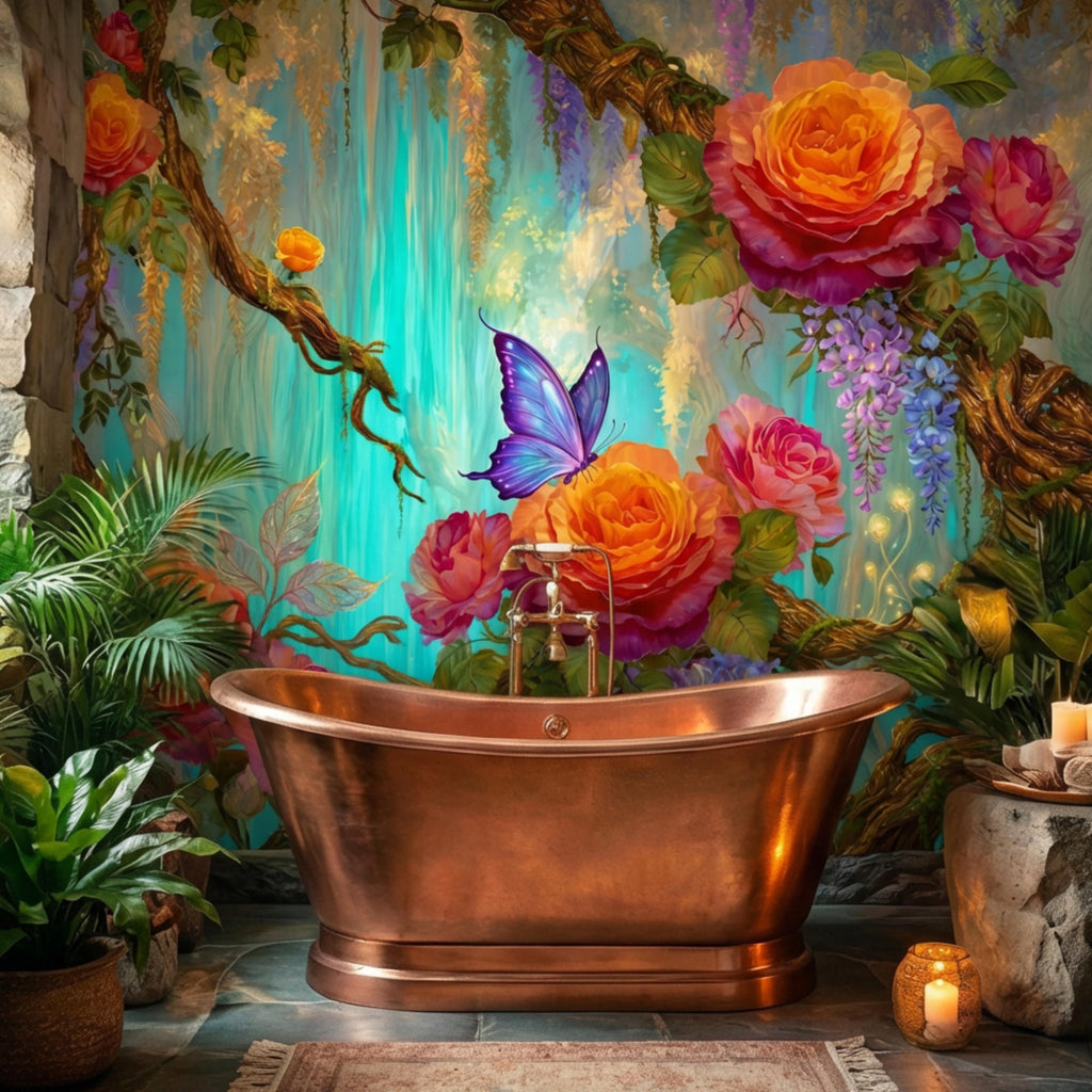 Enchanted Forest Garden Roses & Wisteria Peel and Stick Wall Mural, Teal Glow Floral Wallpaper, Blue Butterfly Botanical Wall Decor