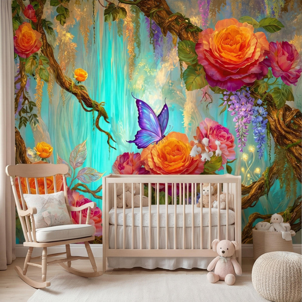 Enchanted Forest Garden Roses & Wisteria Peel and Stick Wall Mural, Teal Glow Floral Wallpaper, Blue Butterfly Botanical Wall Decor