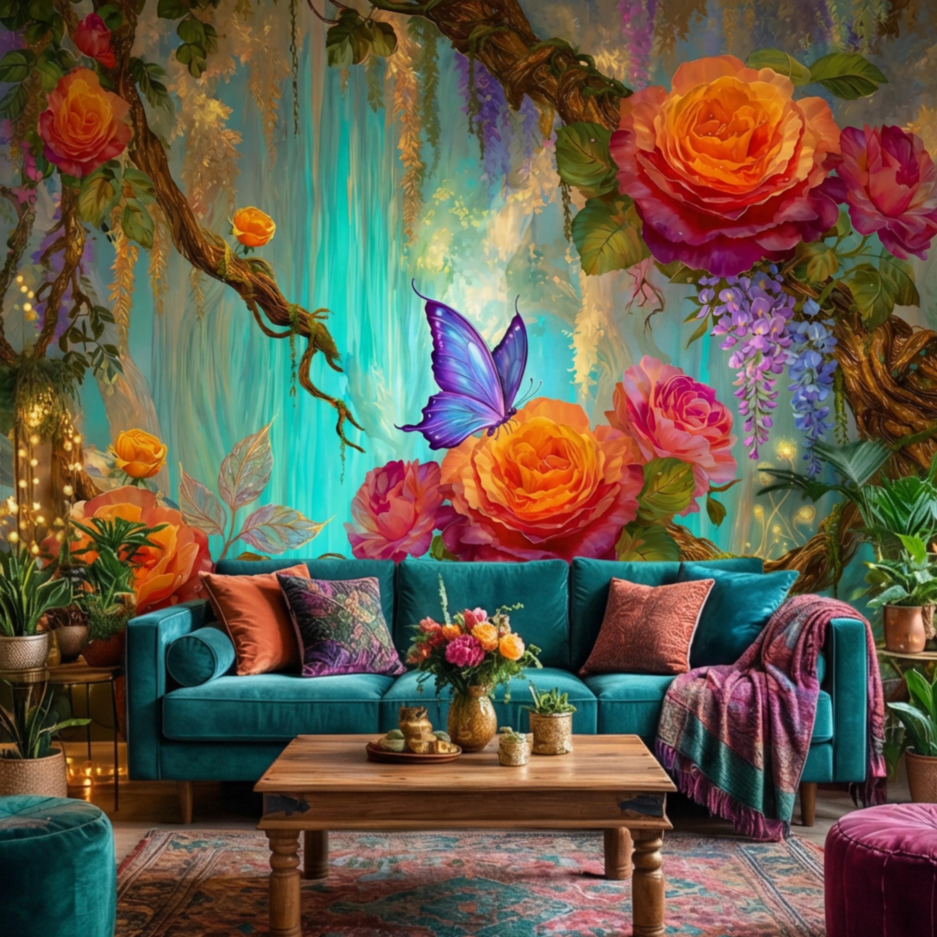 Enchanted Forest Garden Roses & Wisteria Peel and Stick Wall Mural, Teal Glow Floral Wallpaper, Blue Butterfly Botanical Wall Decor