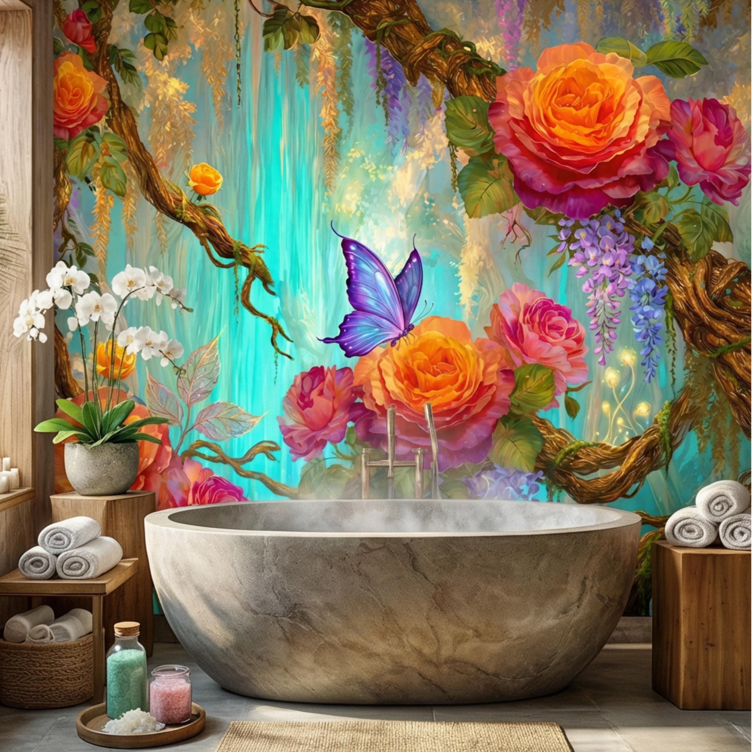 Enchanted Forest Garden Roses & Wisteria Peel and Stick Wall Mural, Teal Glow Floral Wallpaper, Blue Butterfly Botanical Wall Decor