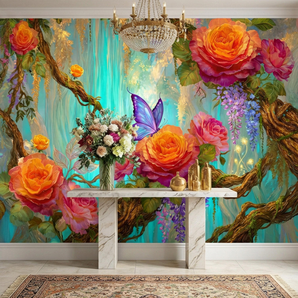Enchanted Forest Garden Roses & Wisteria Peel and Stick Wall Mural, Teal Glow Floral Wallpaper, Blue Butterfly Botanical Wall Decor